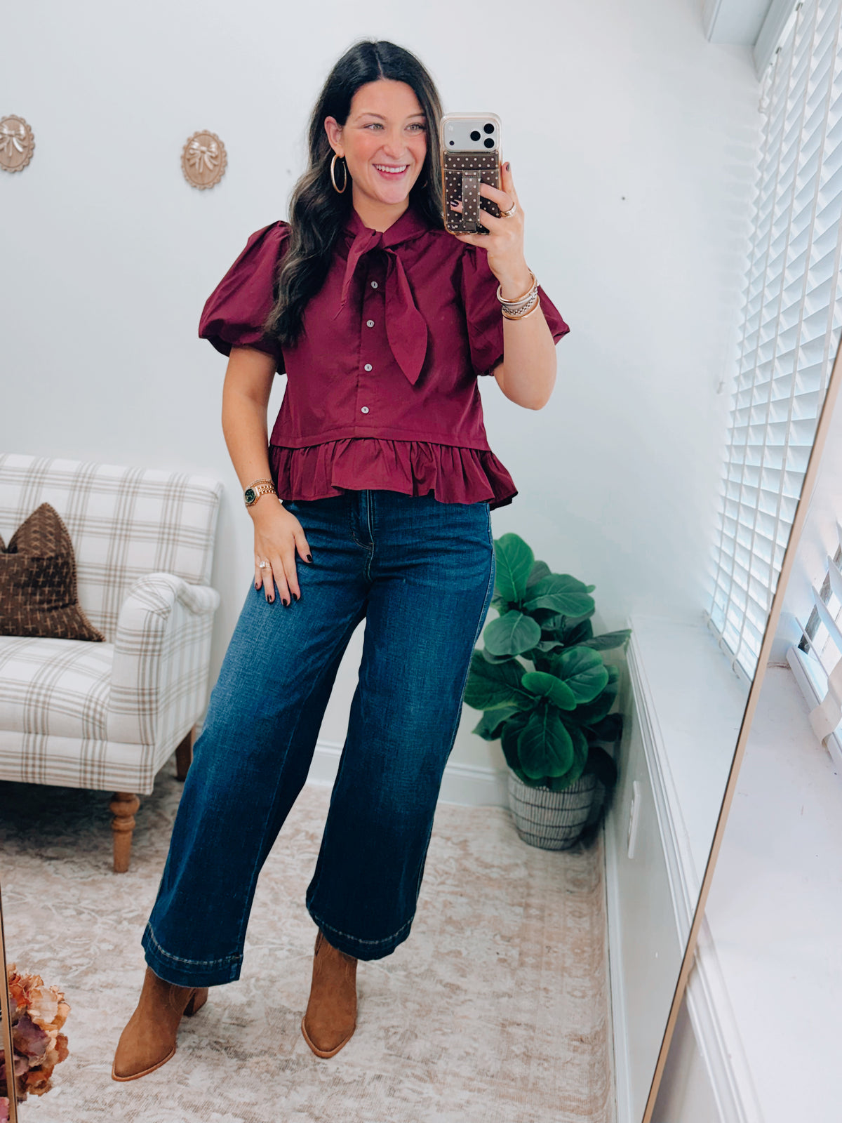 Burgundy Button Ruffle Tie Top