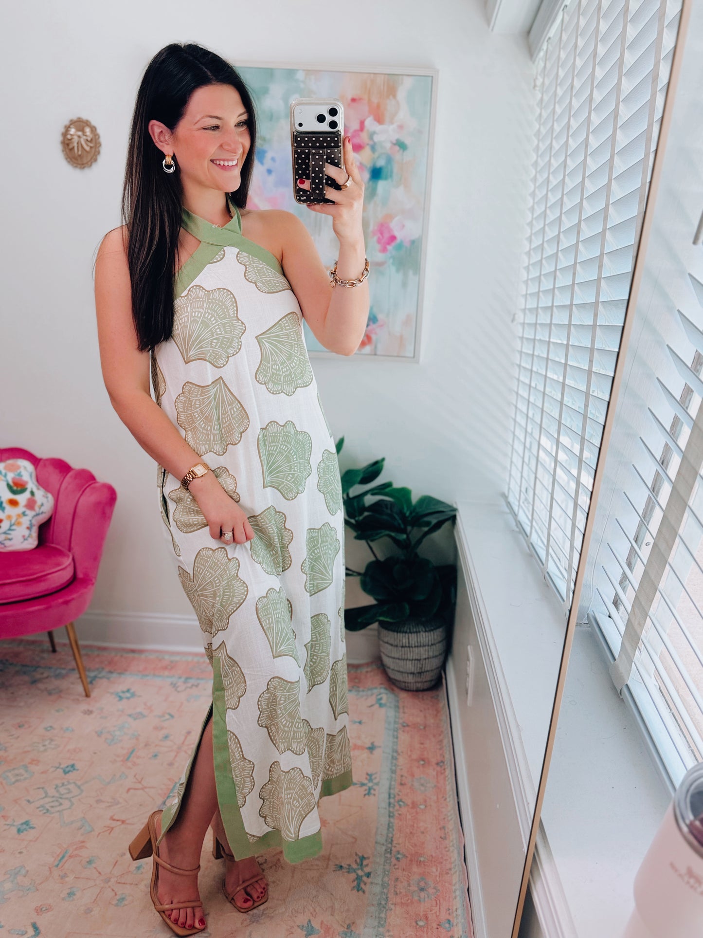 Olive Shell Halter Maxi Dress