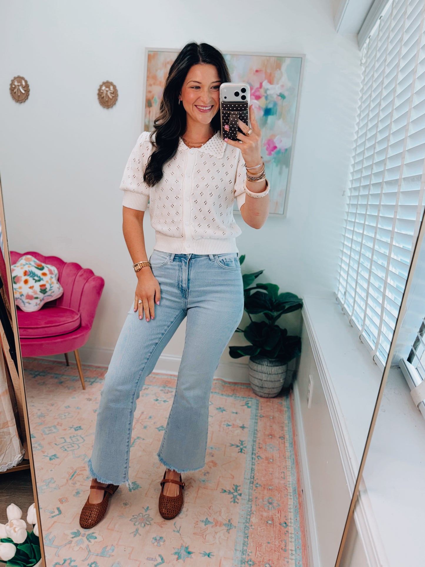 Pointelle Collar Button-Up Puff Sleeve Knit Top