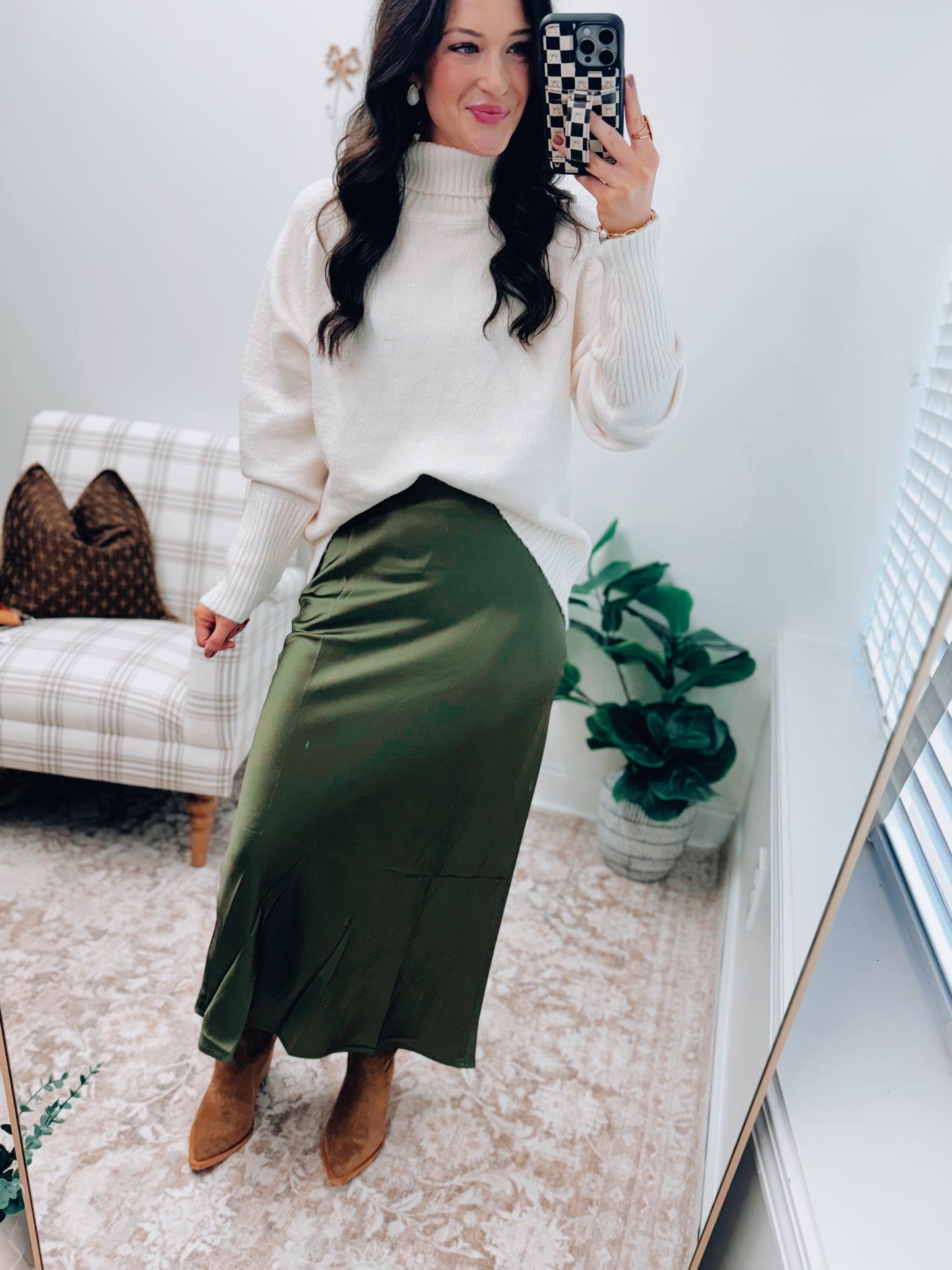 Veda Satin Midi Skirt - Olive