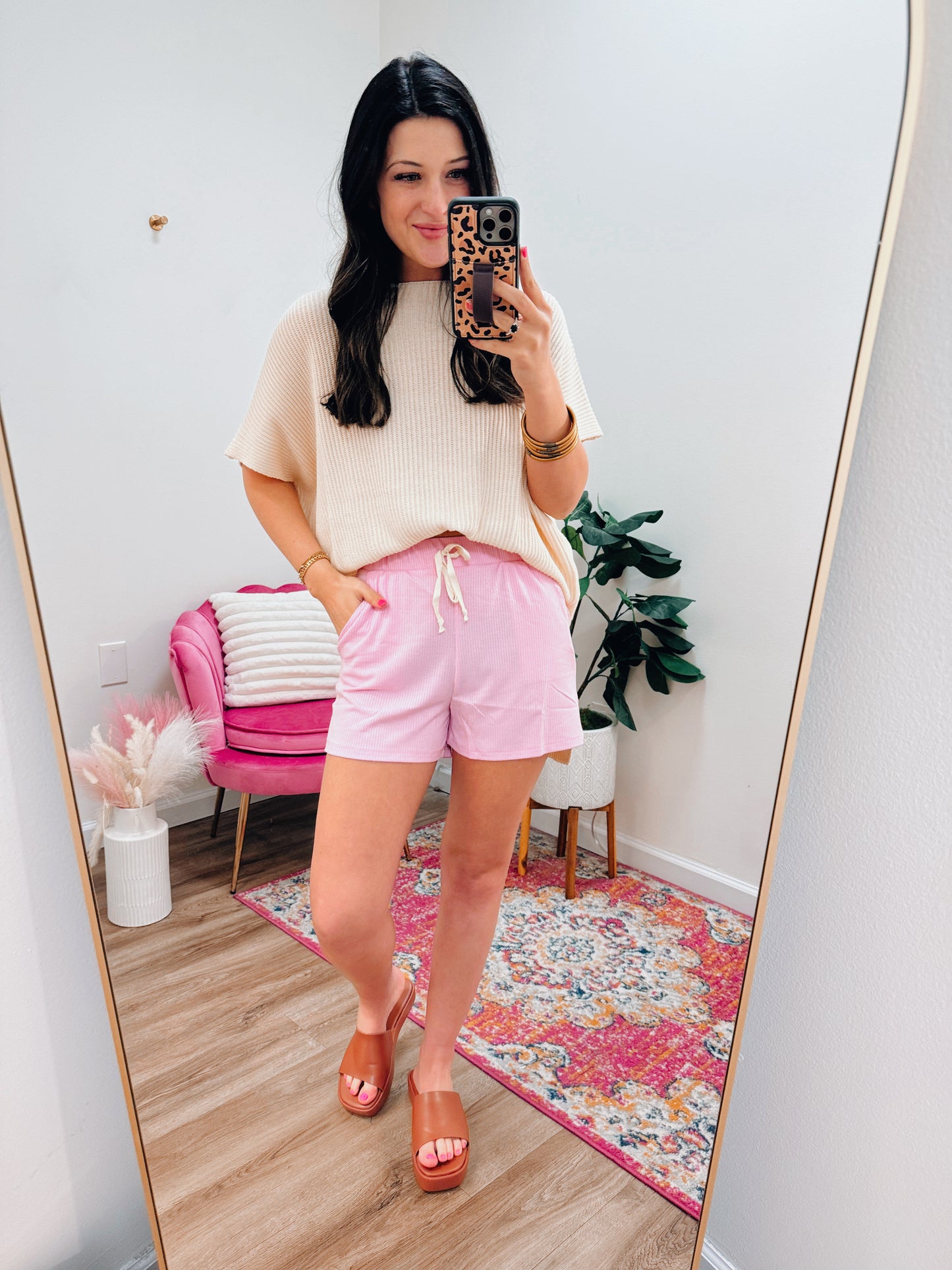 Ribbed Be Basic Tie Shorts - Pink