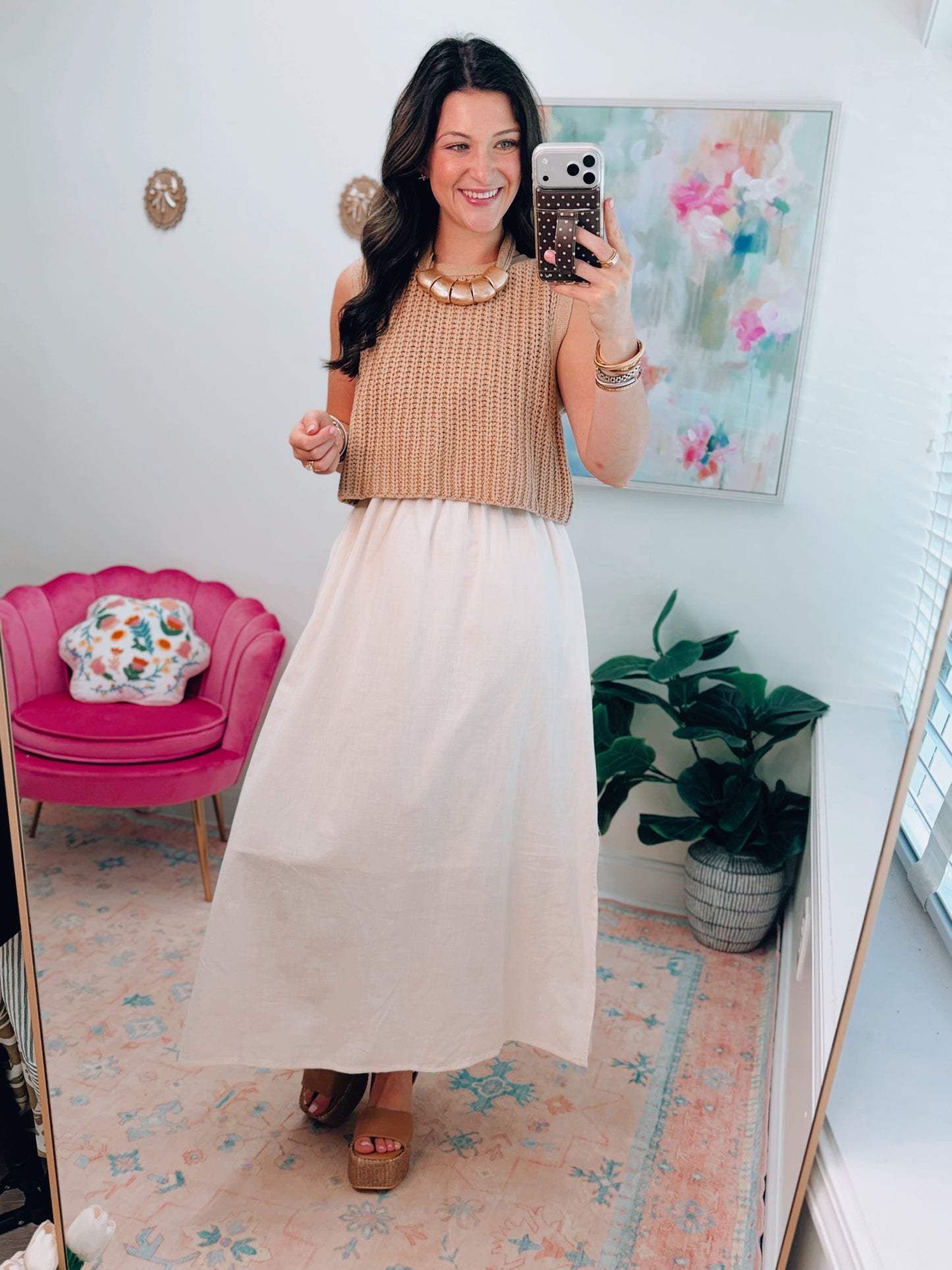 Mix Media Chunky Knit Mocha Midi Dress