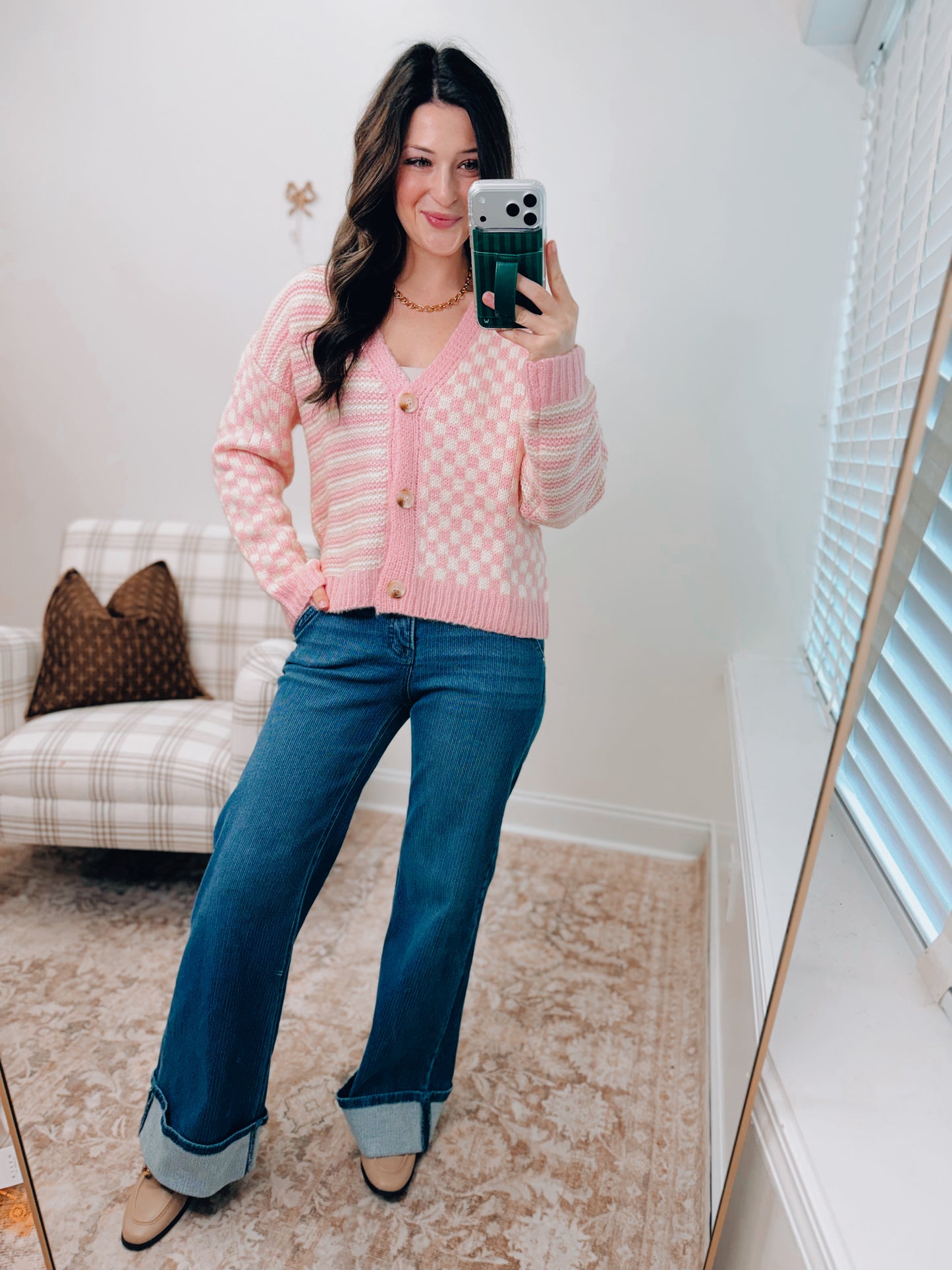 Checker and Stripe Cardigan Sweater - Pink