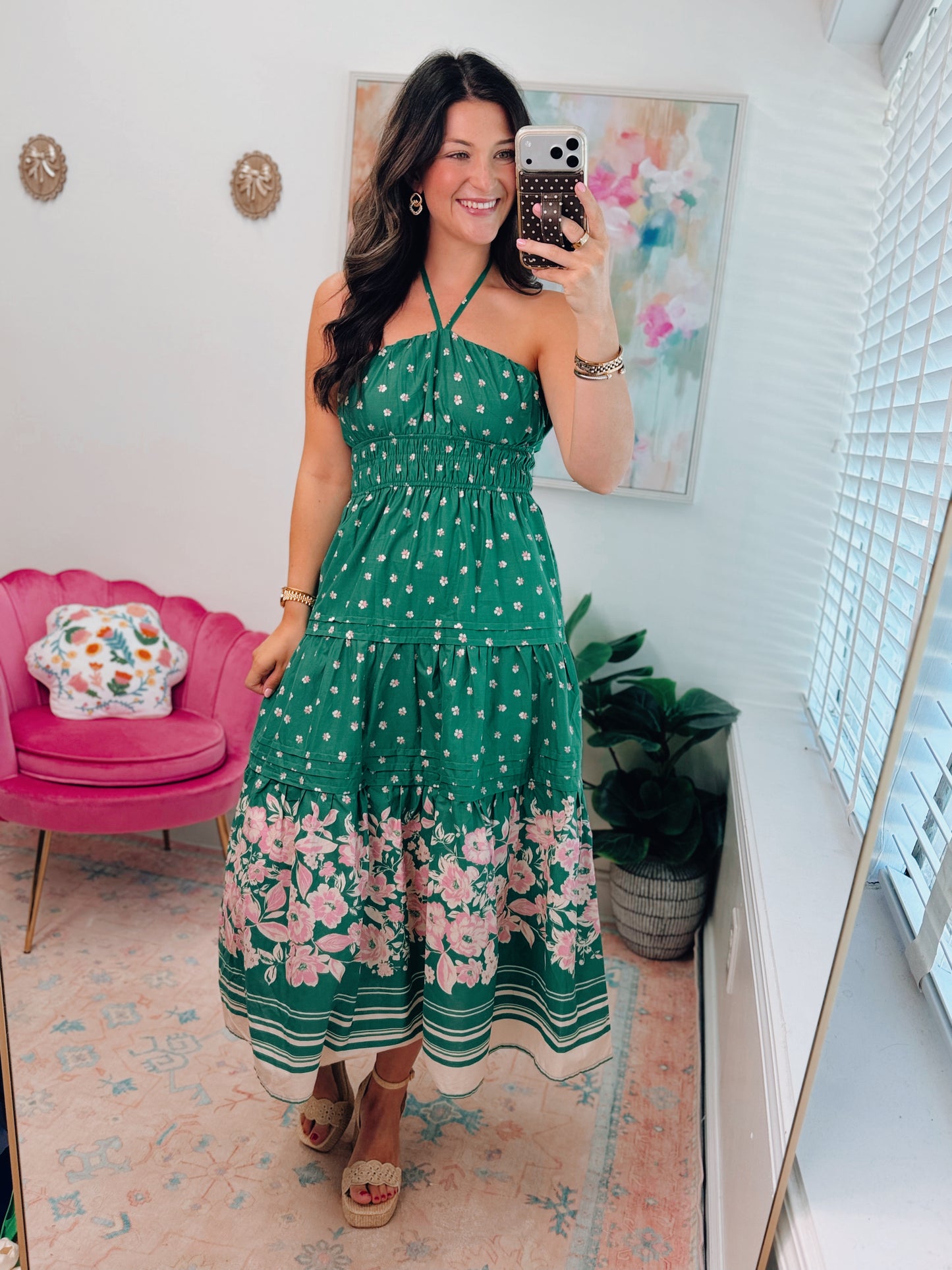 Green Floral Halter Smocked Midi Dress