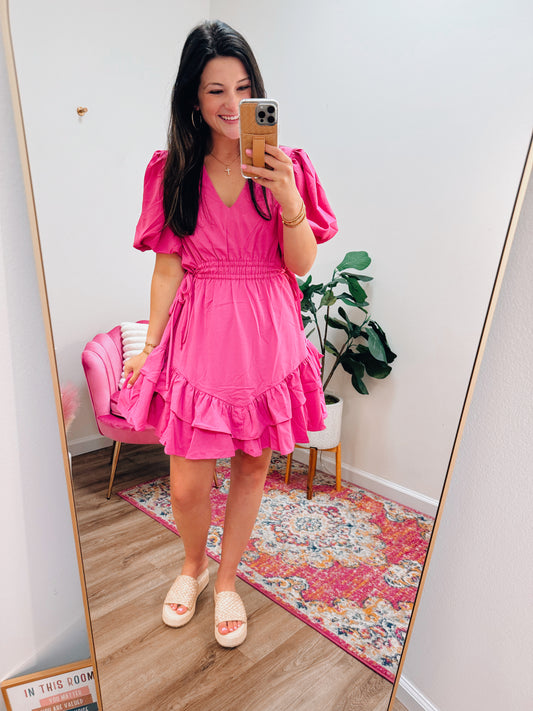 Ruth Ruched Tie Mini Dress - Pink