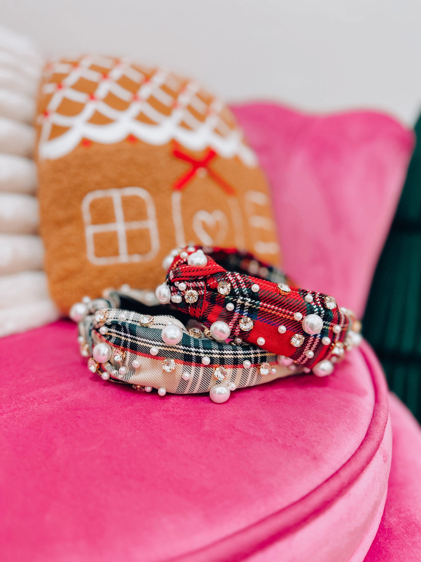 Christmas Plaid Pearl Beaded Headband - Red