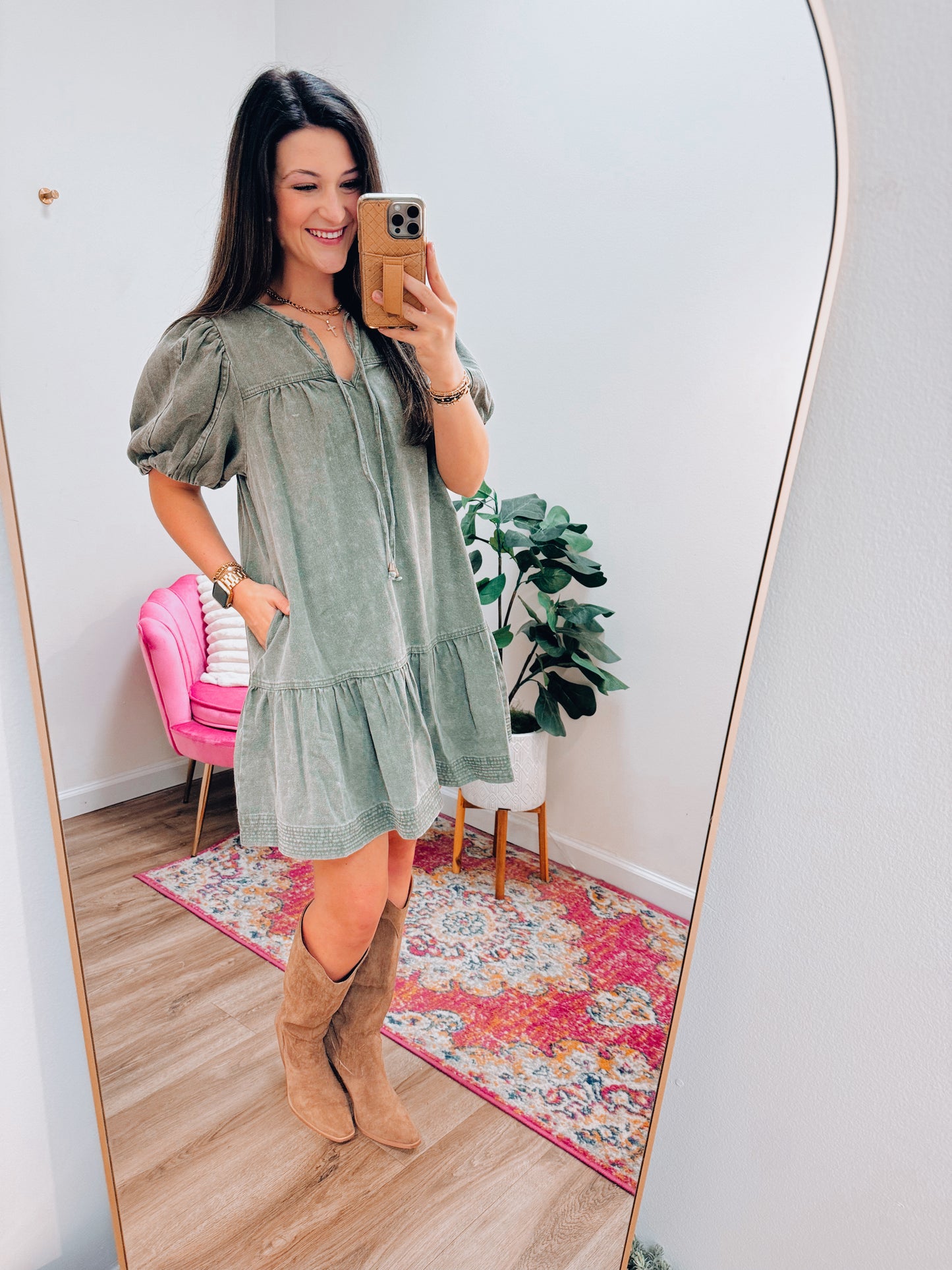 Olive Denim Puff Sleeve Mini Dress