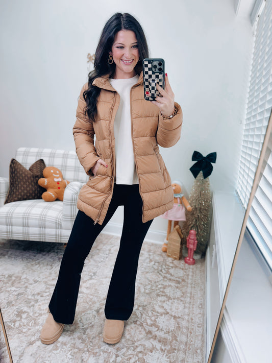 Long Quilted Puffer Jacket - Tan