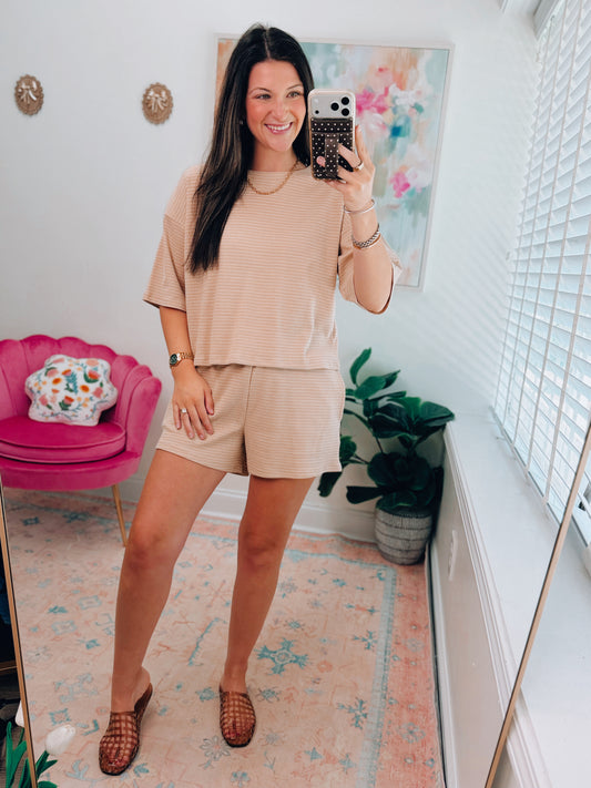 Tan Stripe Knit Shorts Set