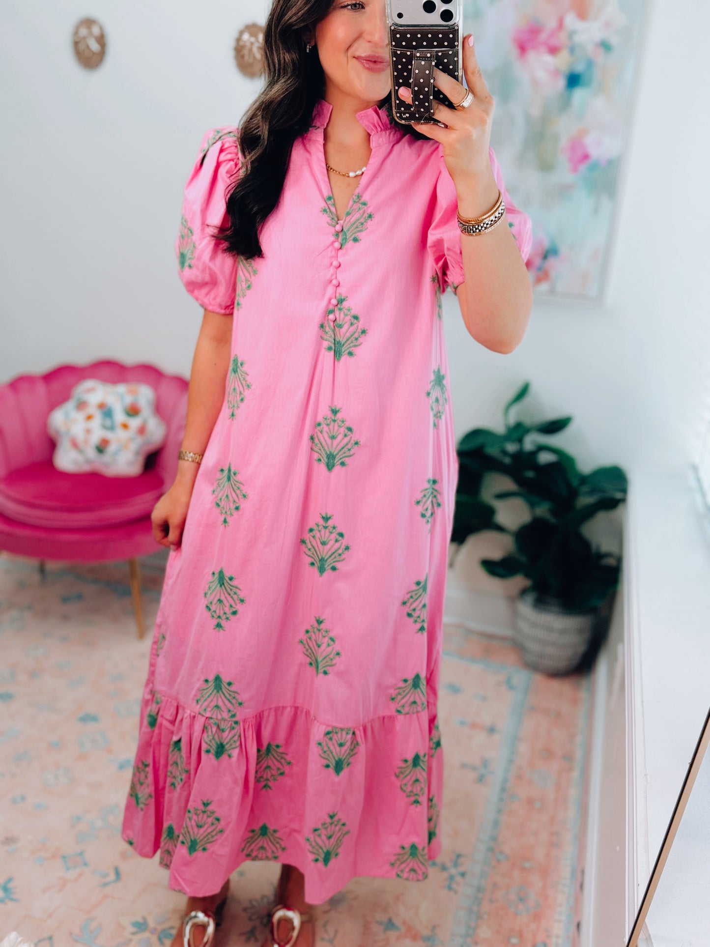 Camille Embroidered Midi Dress - Pink