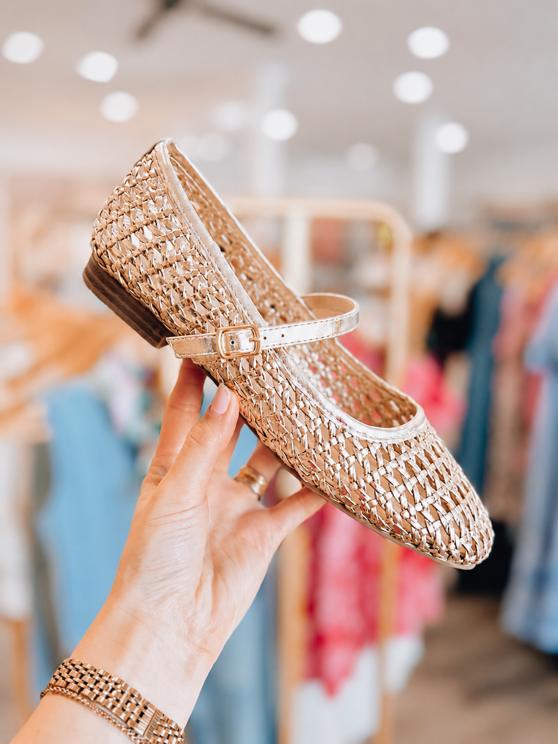 Mary Jane Classic Woven Flats | Gold