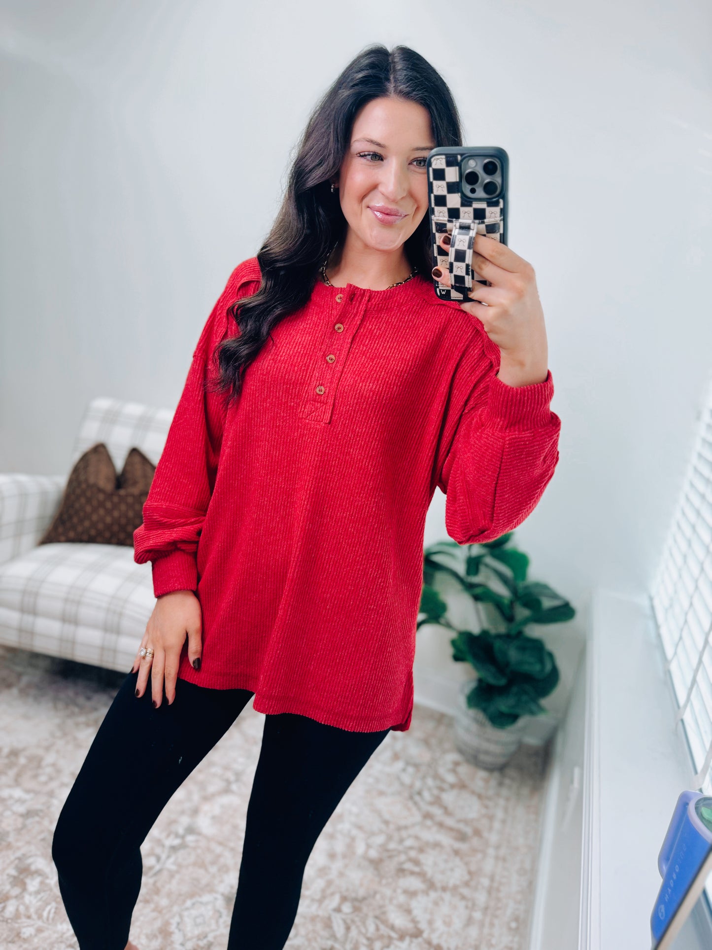 DOORBUSTER Button Brushed Ribbed Sweater - Red