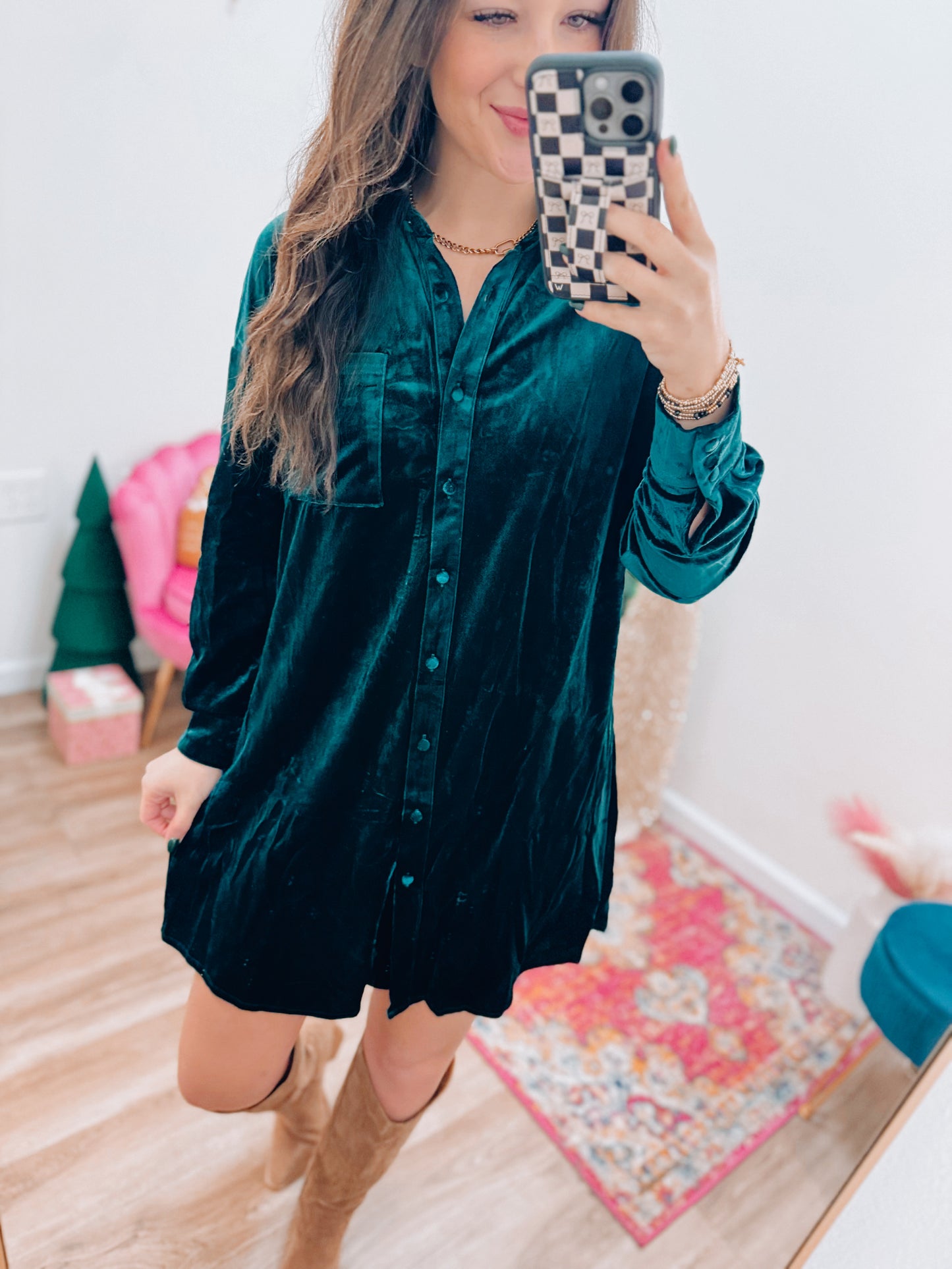 Velvet Forest Button Mini Dress