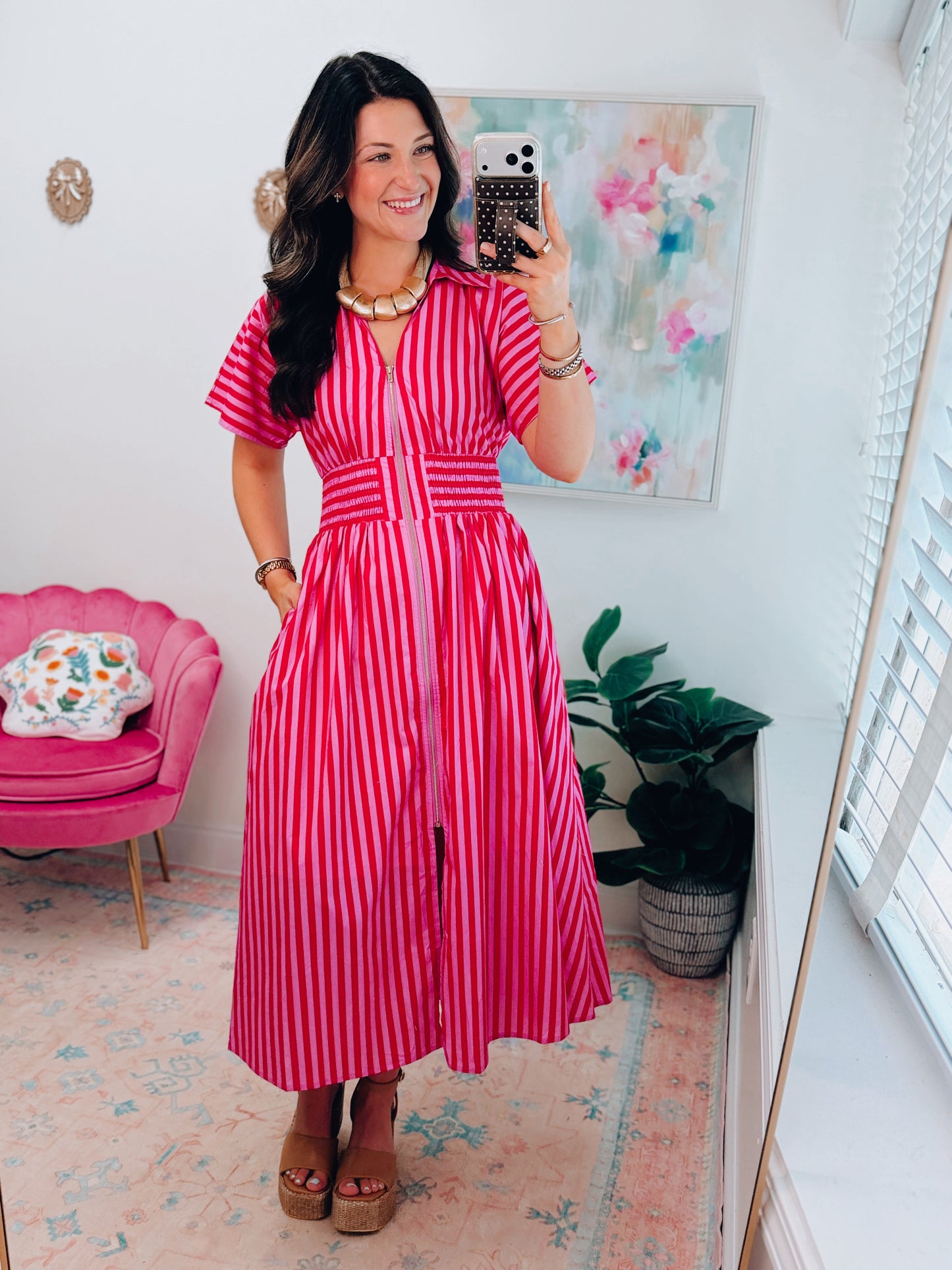 Sweet Escape Striped Zipper Midi Dress