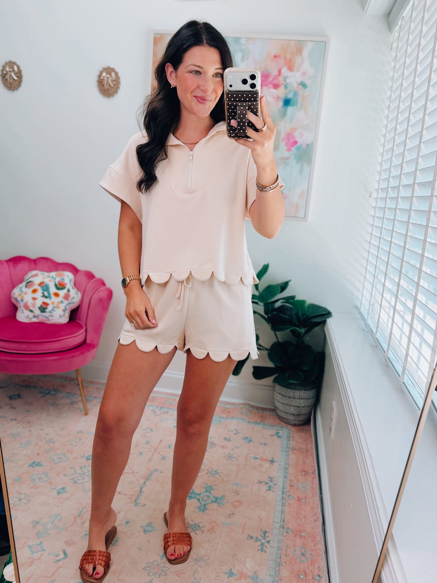Beige Scalloped Scuba Shorts Set