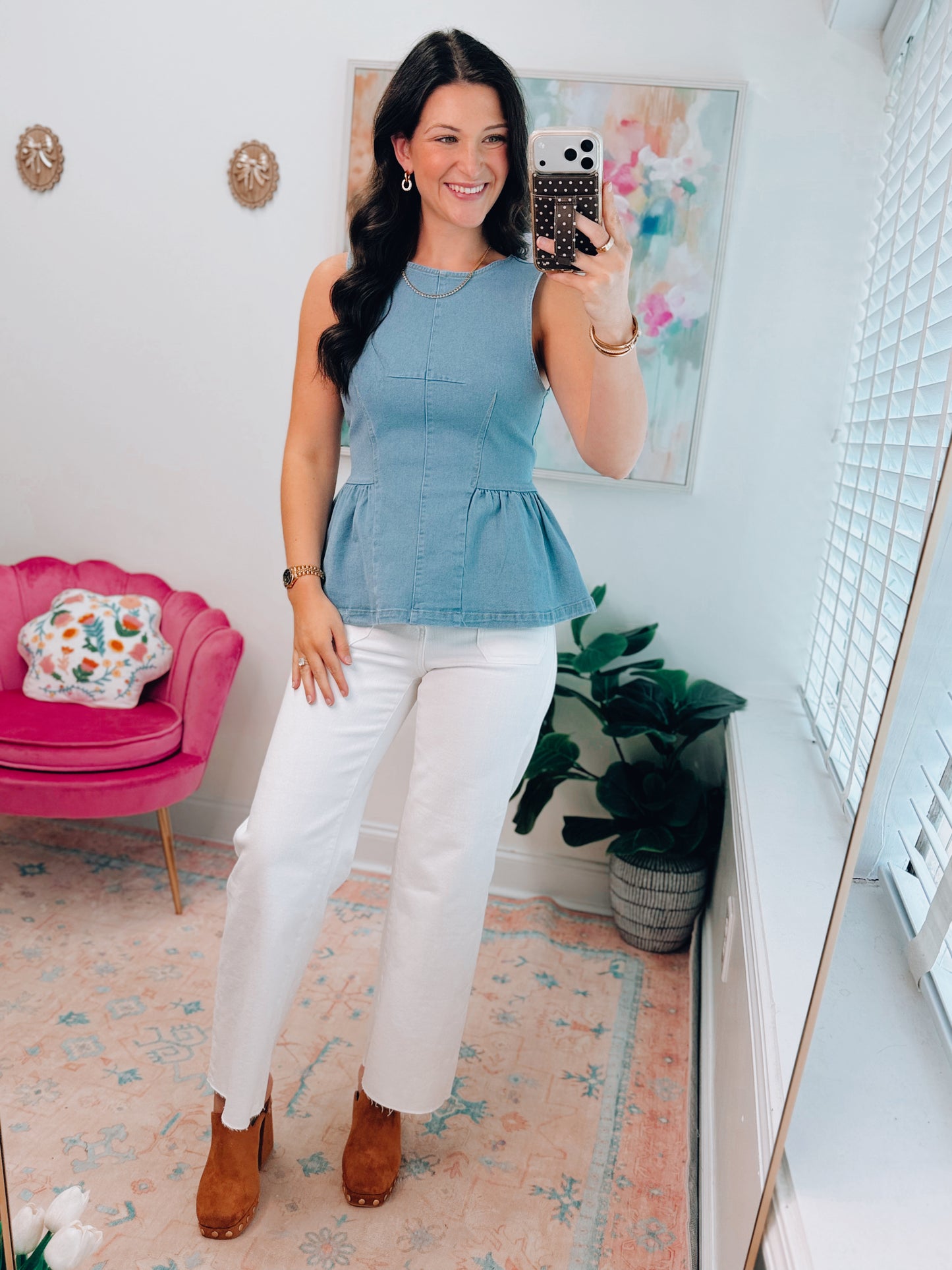 Denim Pleated Peplum Top