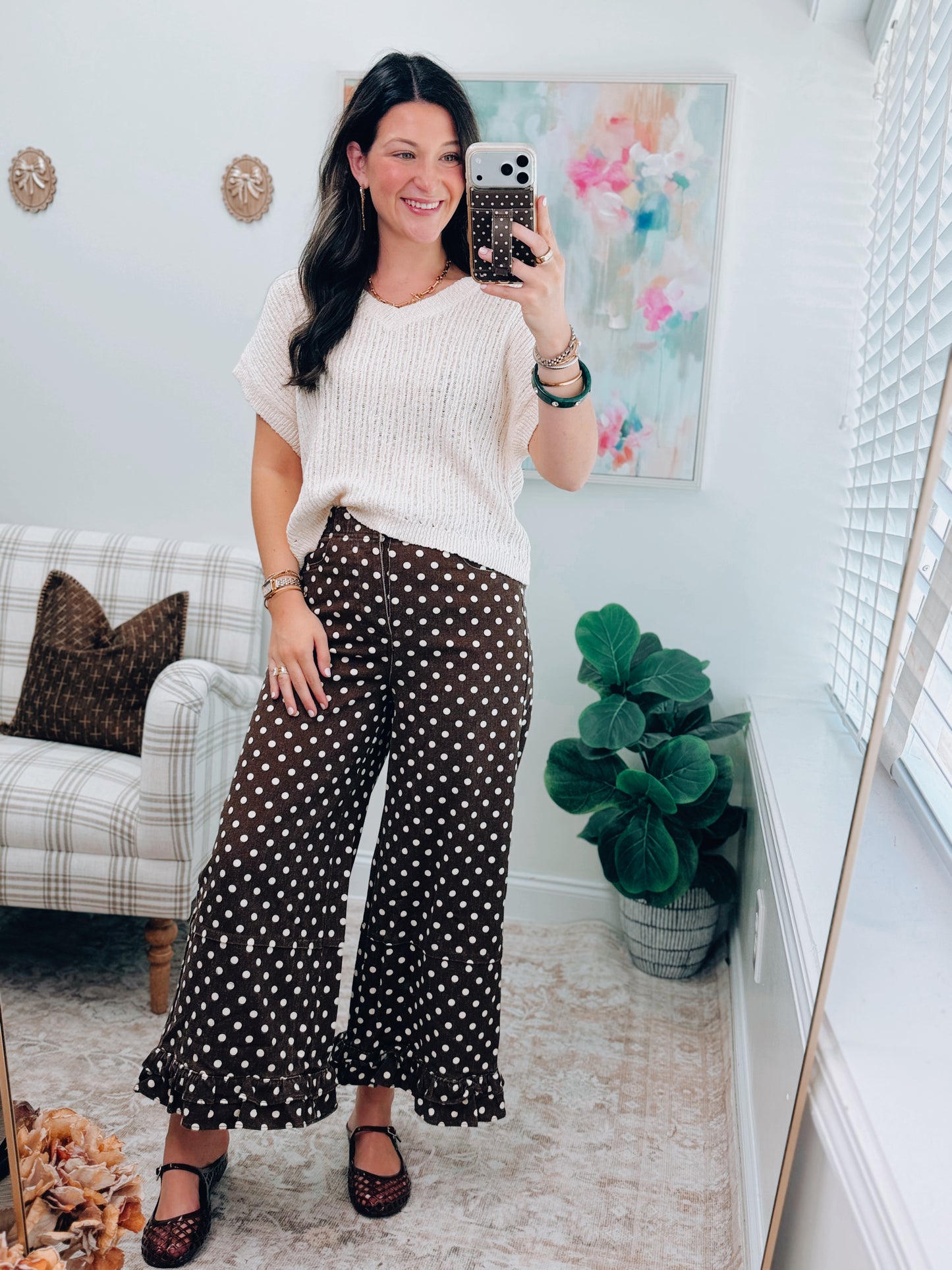 Chocolate Polka Dot Ruffle Denim