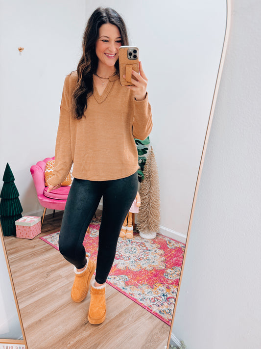 Notch Neck Knit Sweater Top - Almond