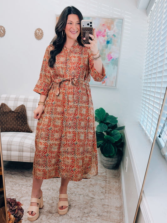 Golden Mix Tie Midi Dress
