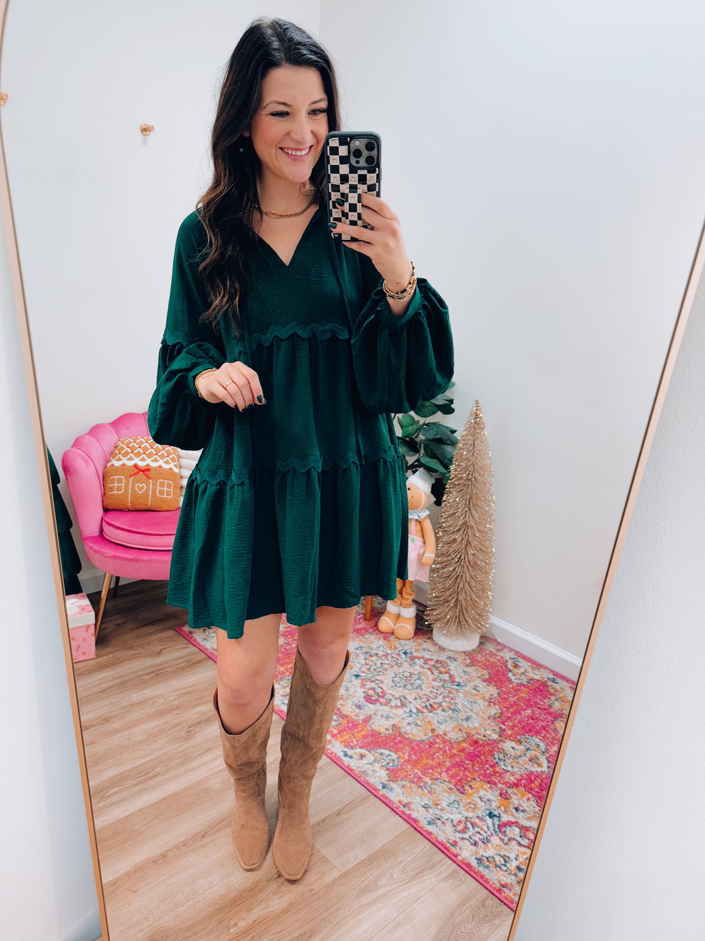 Green Scallop Trim Mini Dress