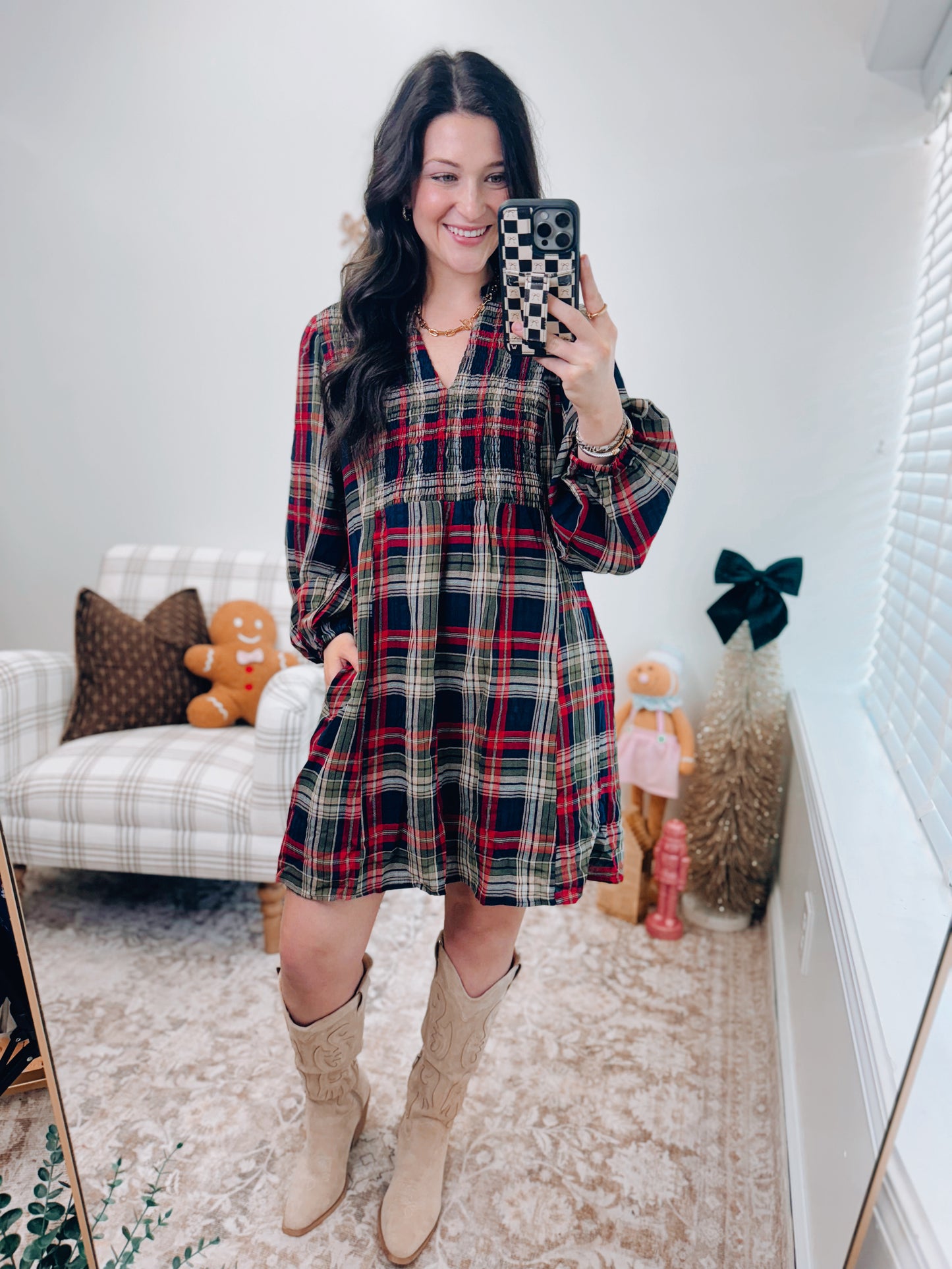 Navy Plaid Smocked Mini Dress