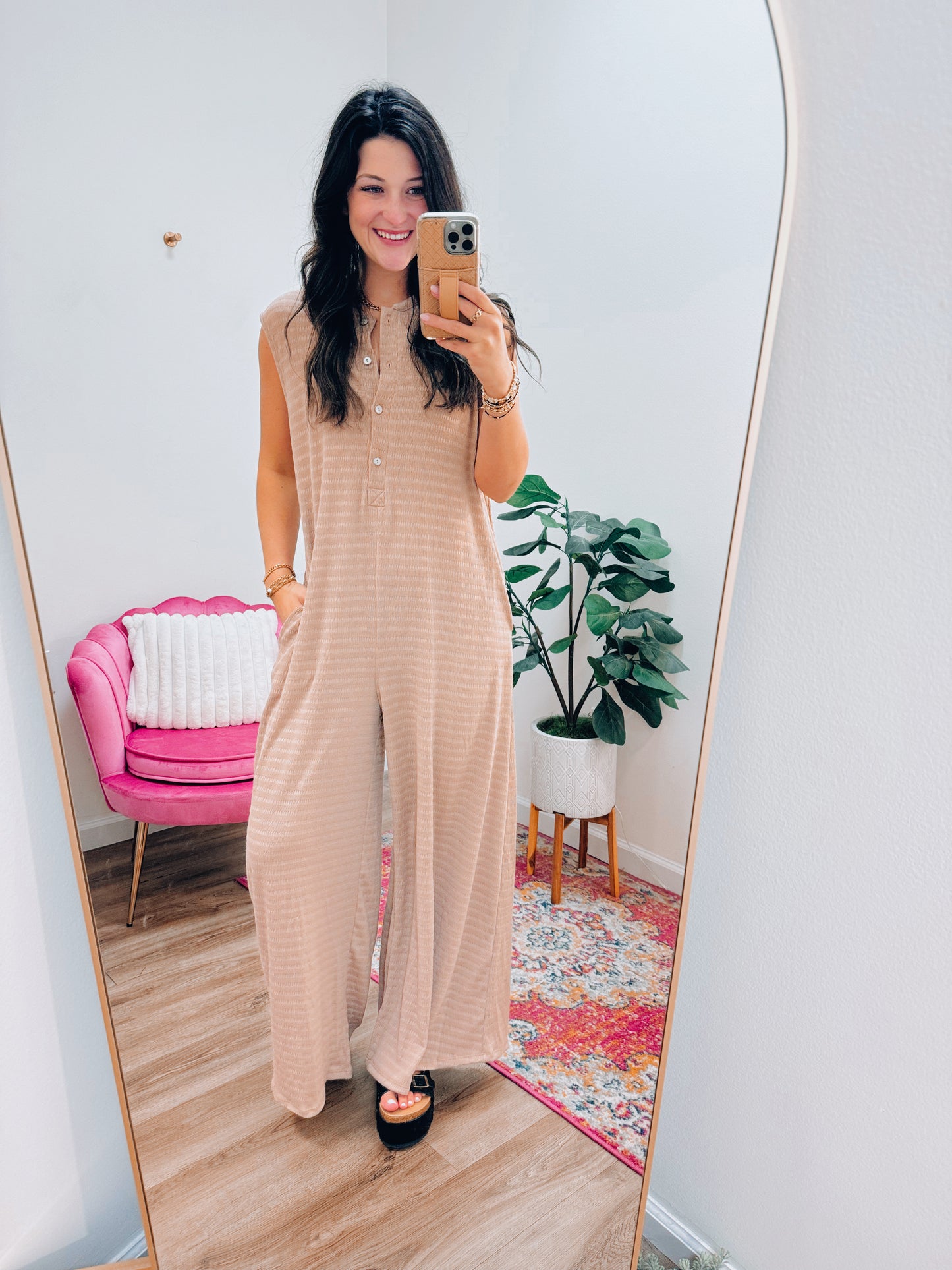 Jumping Into Fall Textured Wide Leg Jumpsuit - Mocha