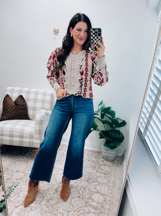 Vertical Floral Puff Sleeve Knit Cardigan Top