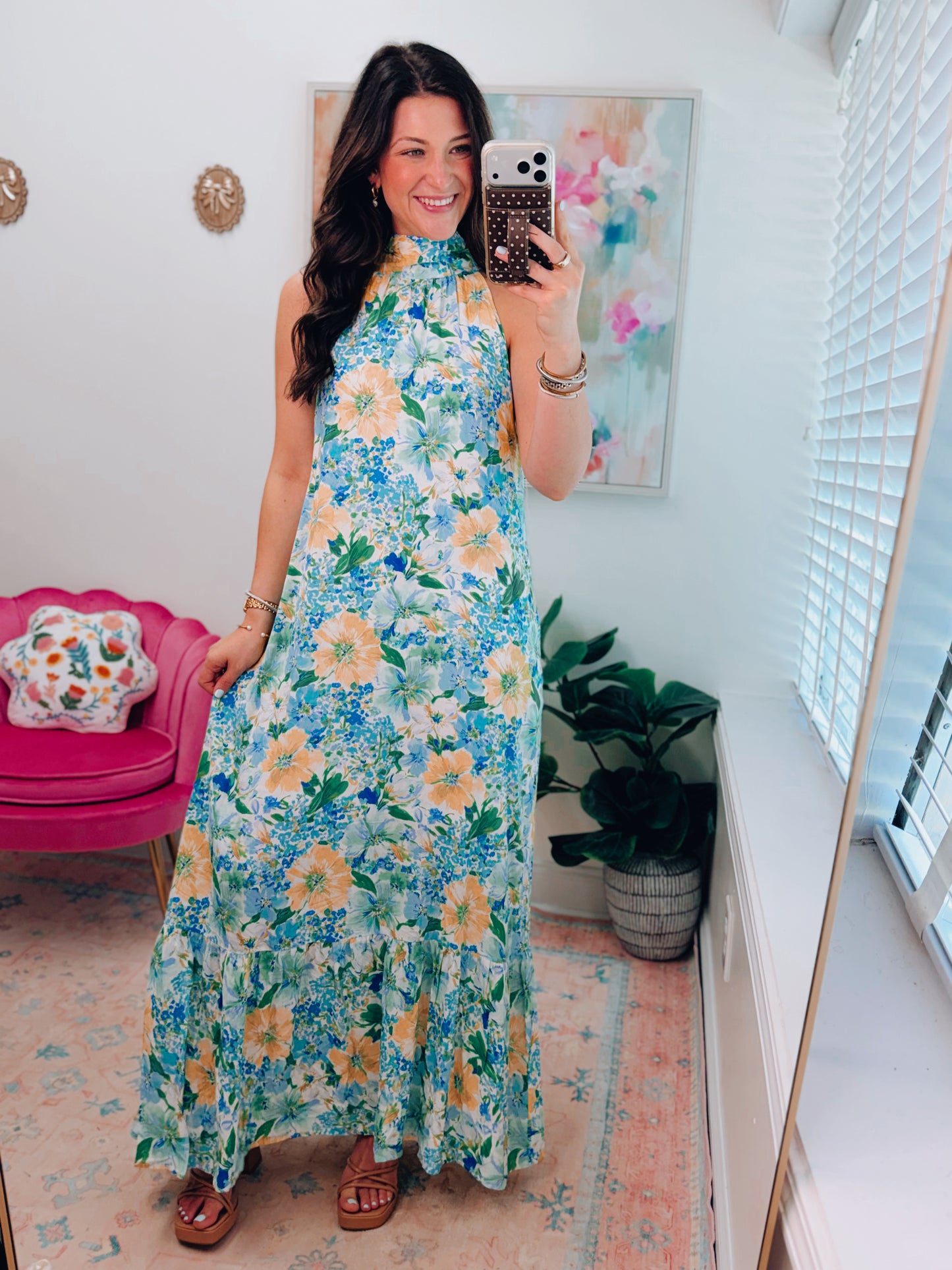 Blue Floral Mix Halter Maxi Dress