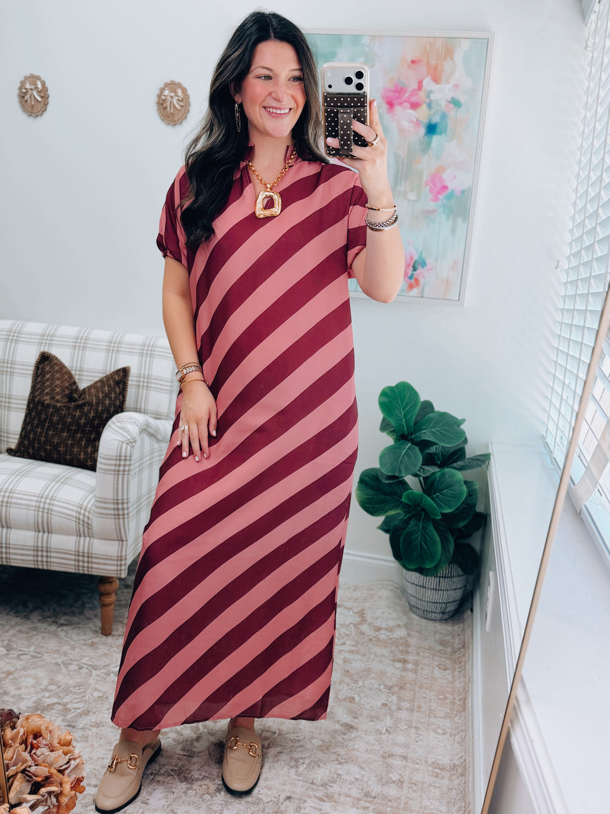 Cranberry Stripe Puff Sleeve Midi Dress