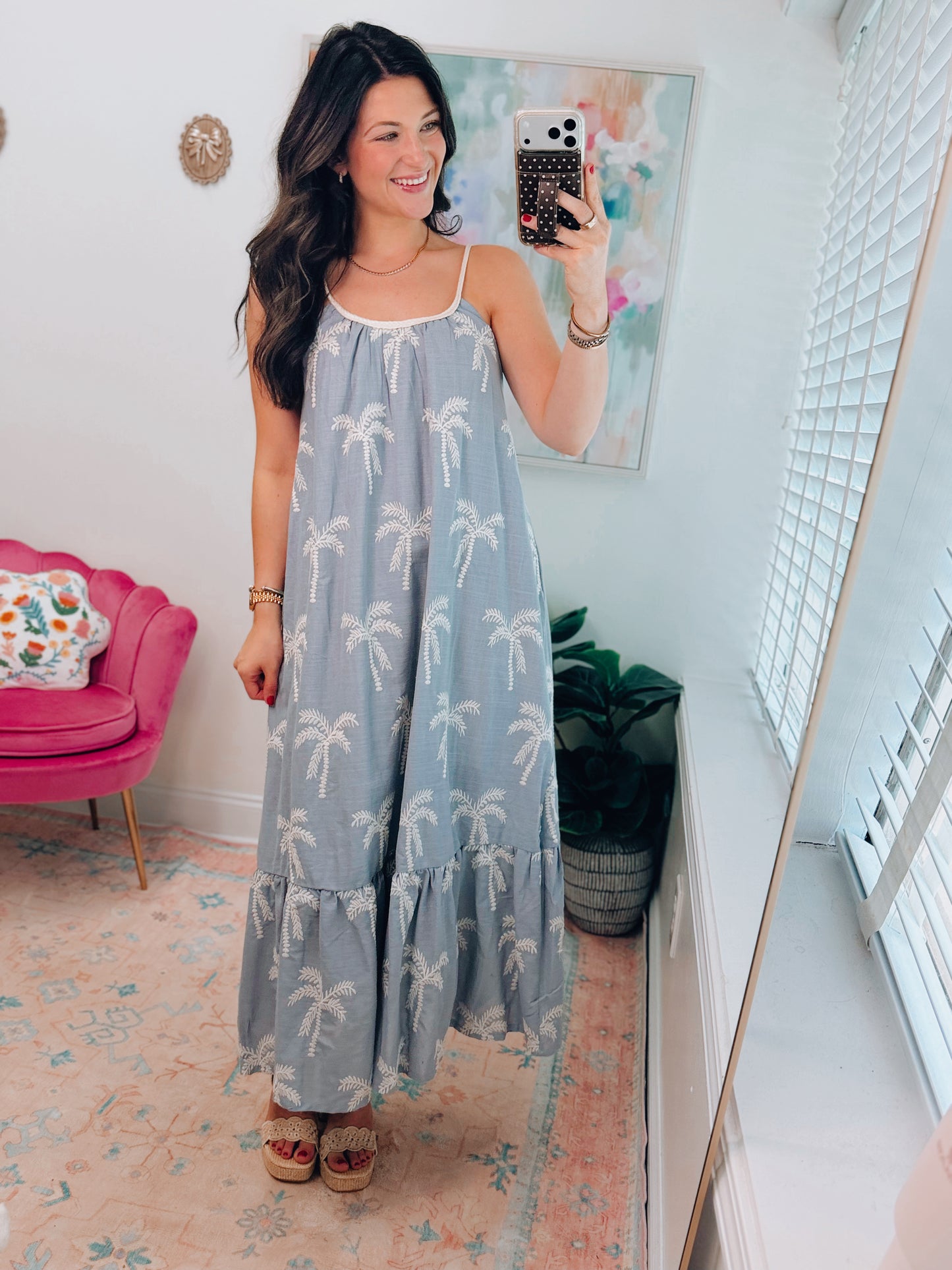 Dusty Blue Embroidered Tie Dress