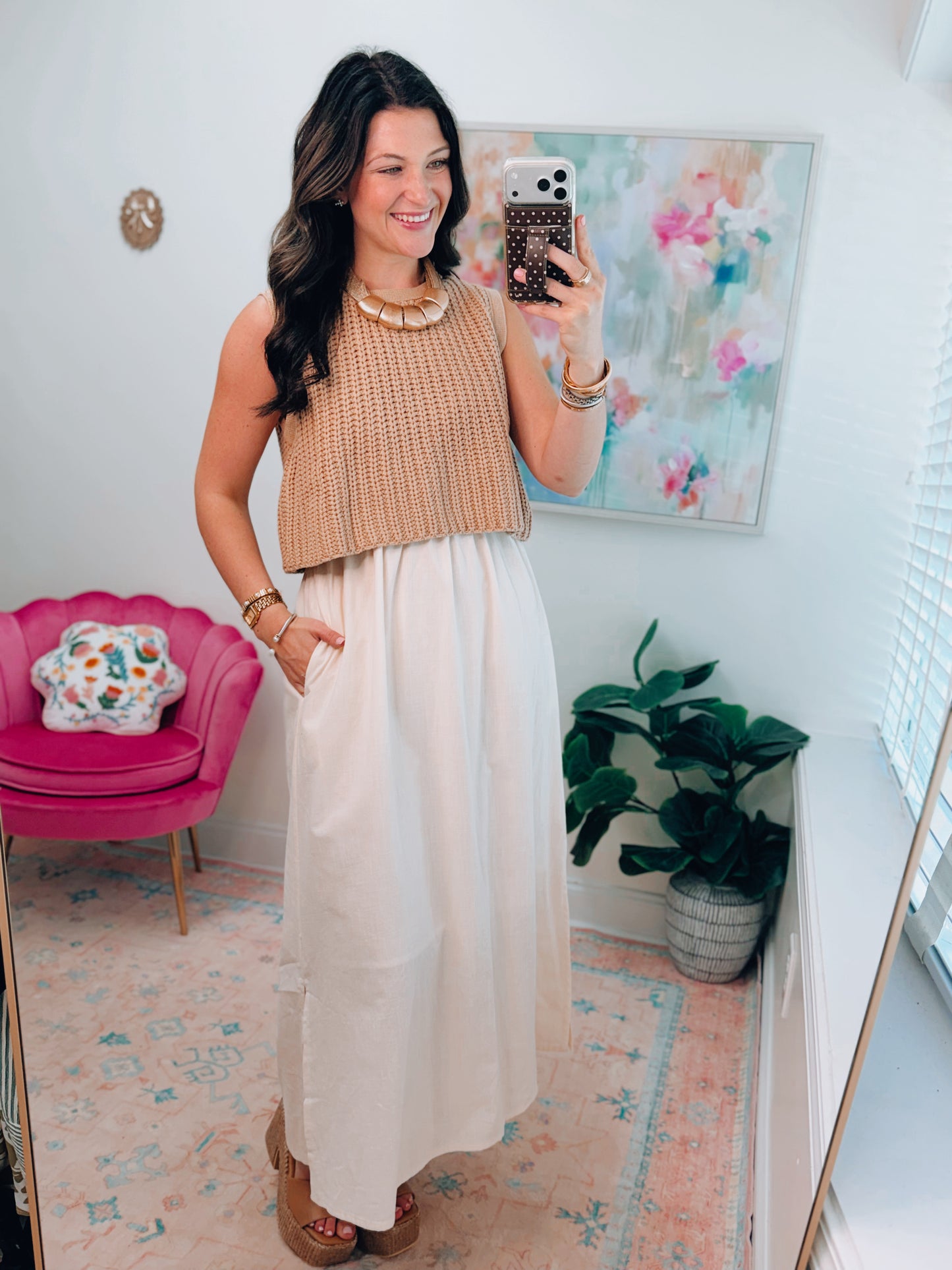 Mix Media Chunky Knit Mocha Midi Dress