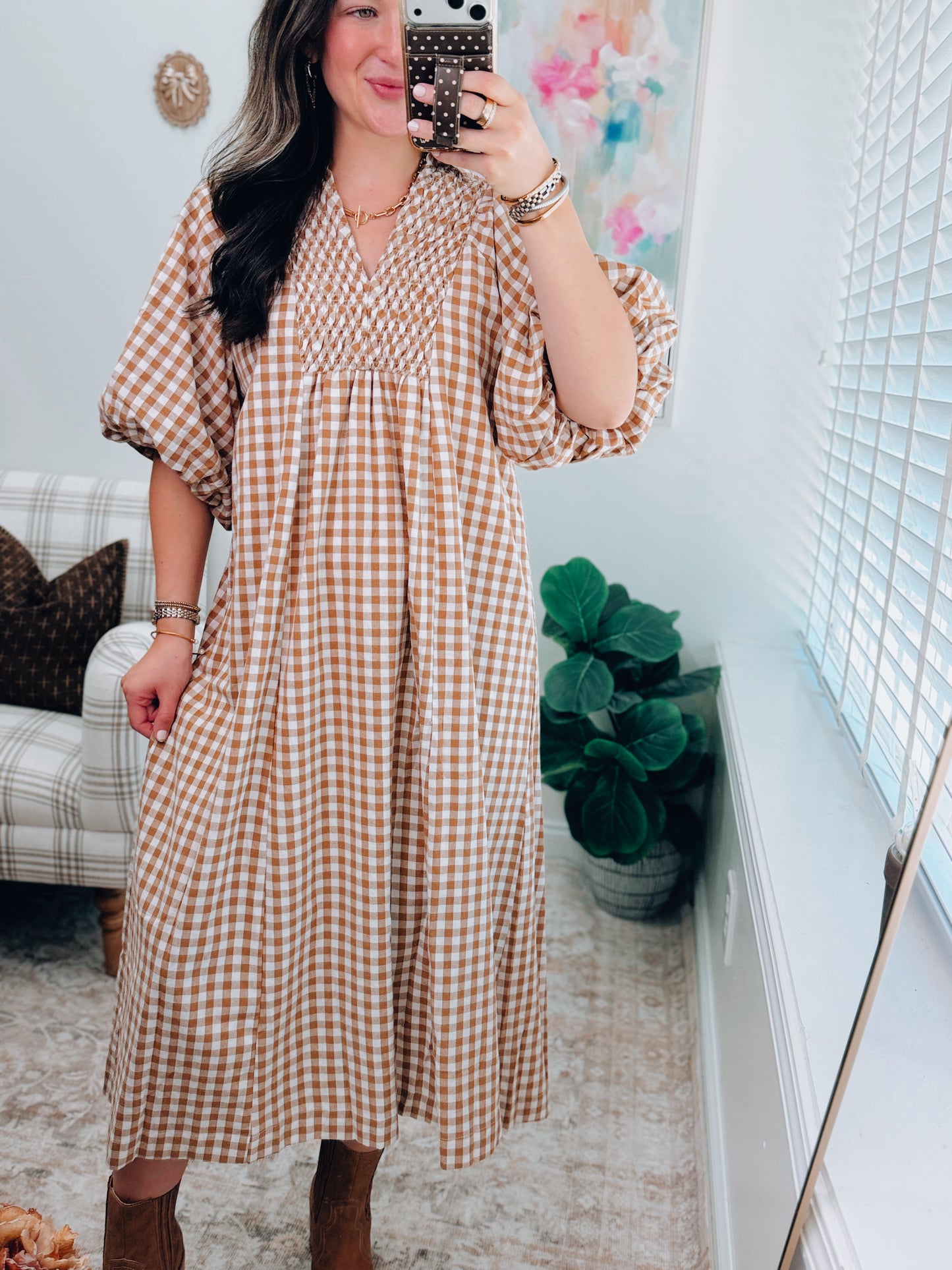 Teagan Caramel Gingham Smocked Midi Dress