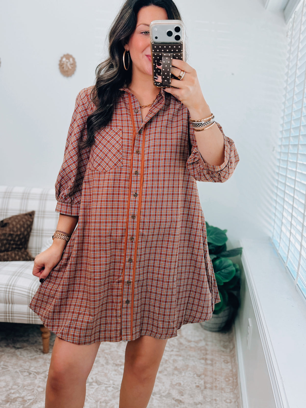 Rust Flannel Button Tee Dress