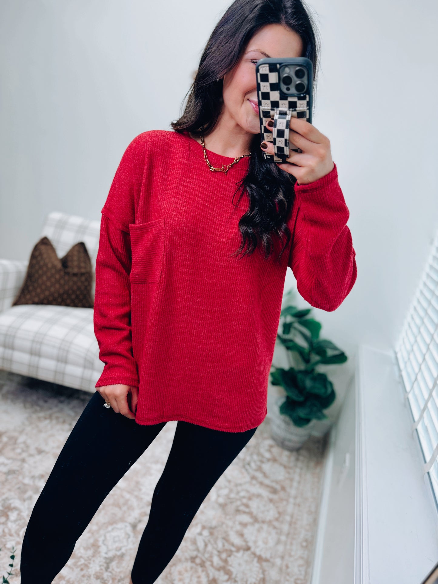 DOORBUSTER Pocket Brushed Ribbed Top - Red