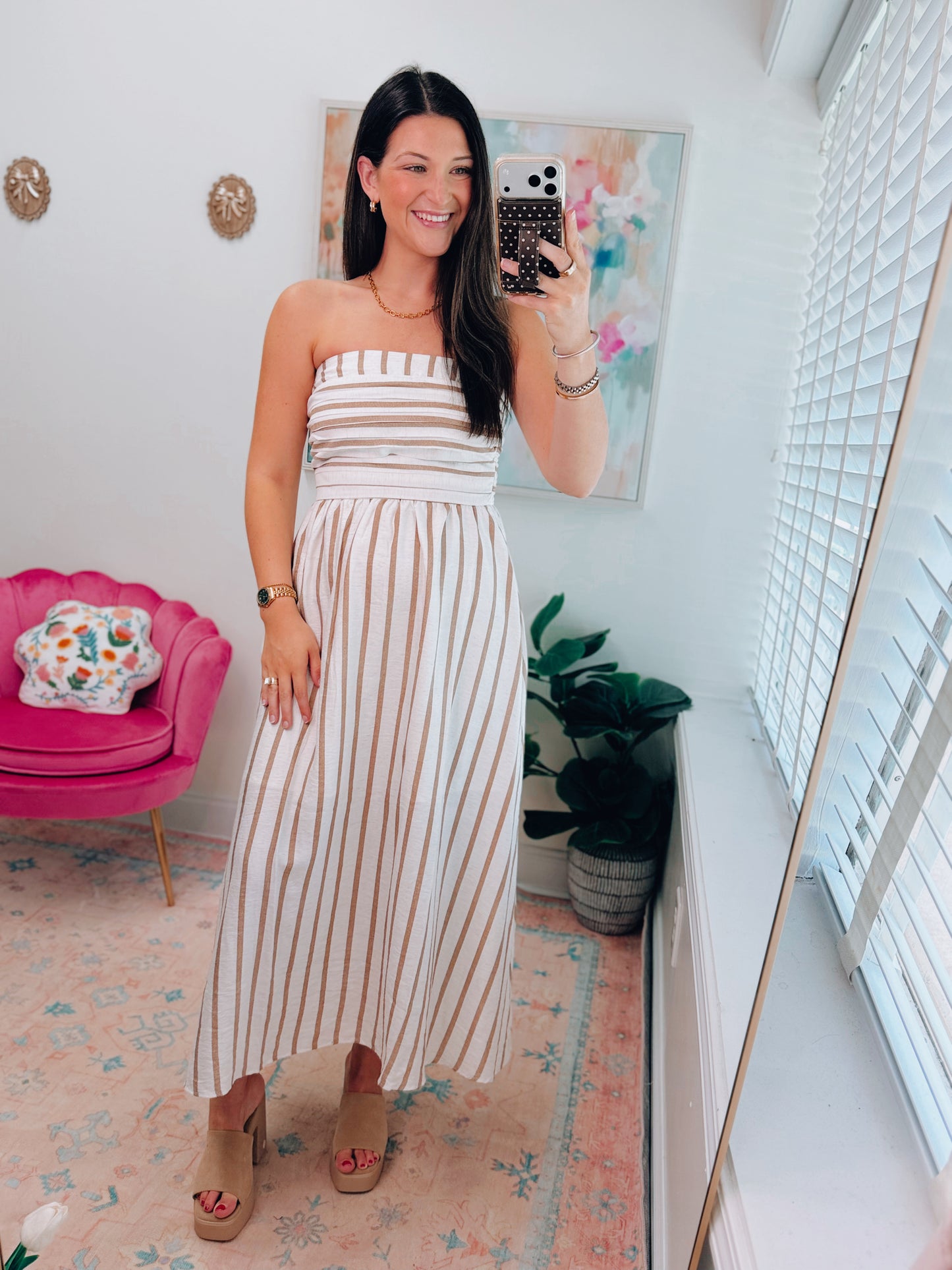 Striped Strapless Linen Midi Dress