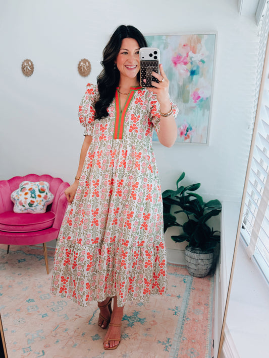 Coral Floral Midi Dress