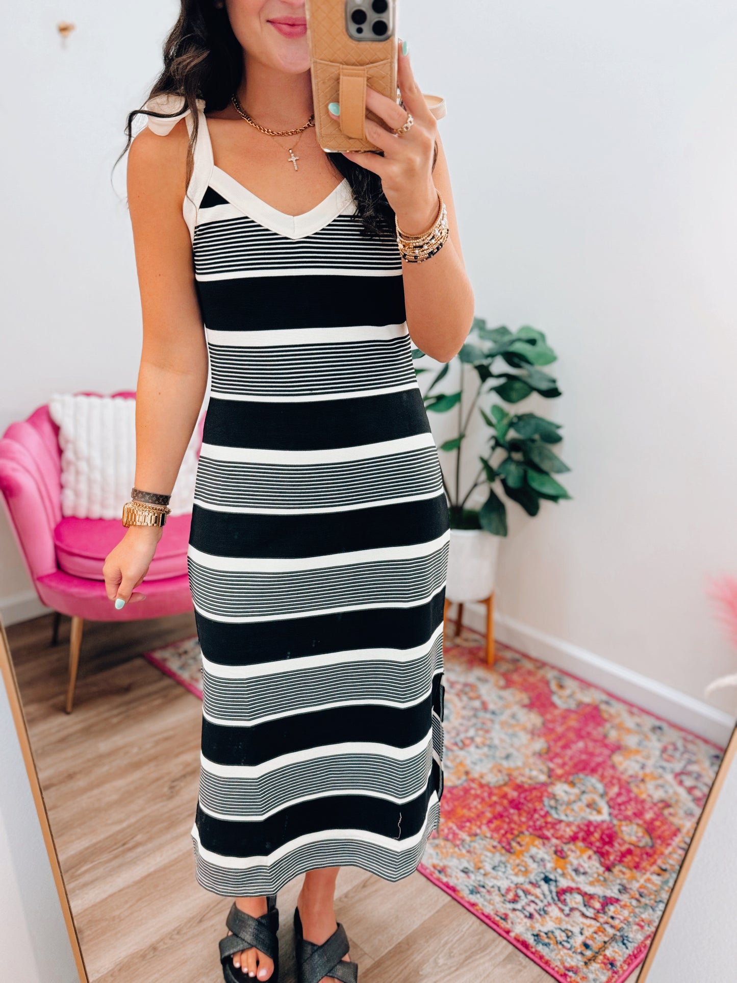 Susie Striped Bow Tie Midi Dress - Black