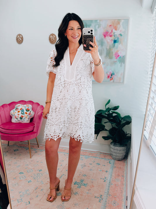 Open Floral Lace White Mini Dress