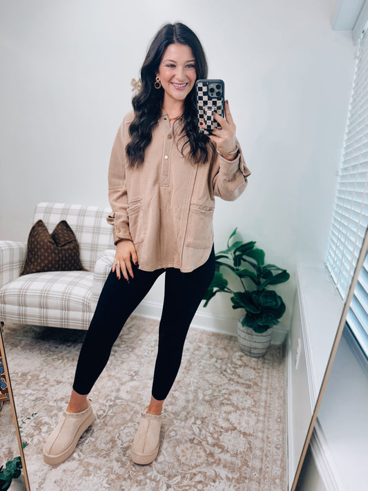 Exposed Front Pocket Hoodie Top - Taupe