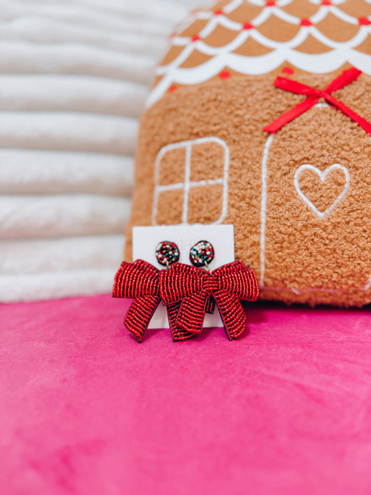 Bow Christmas Beaded Earrings - Red