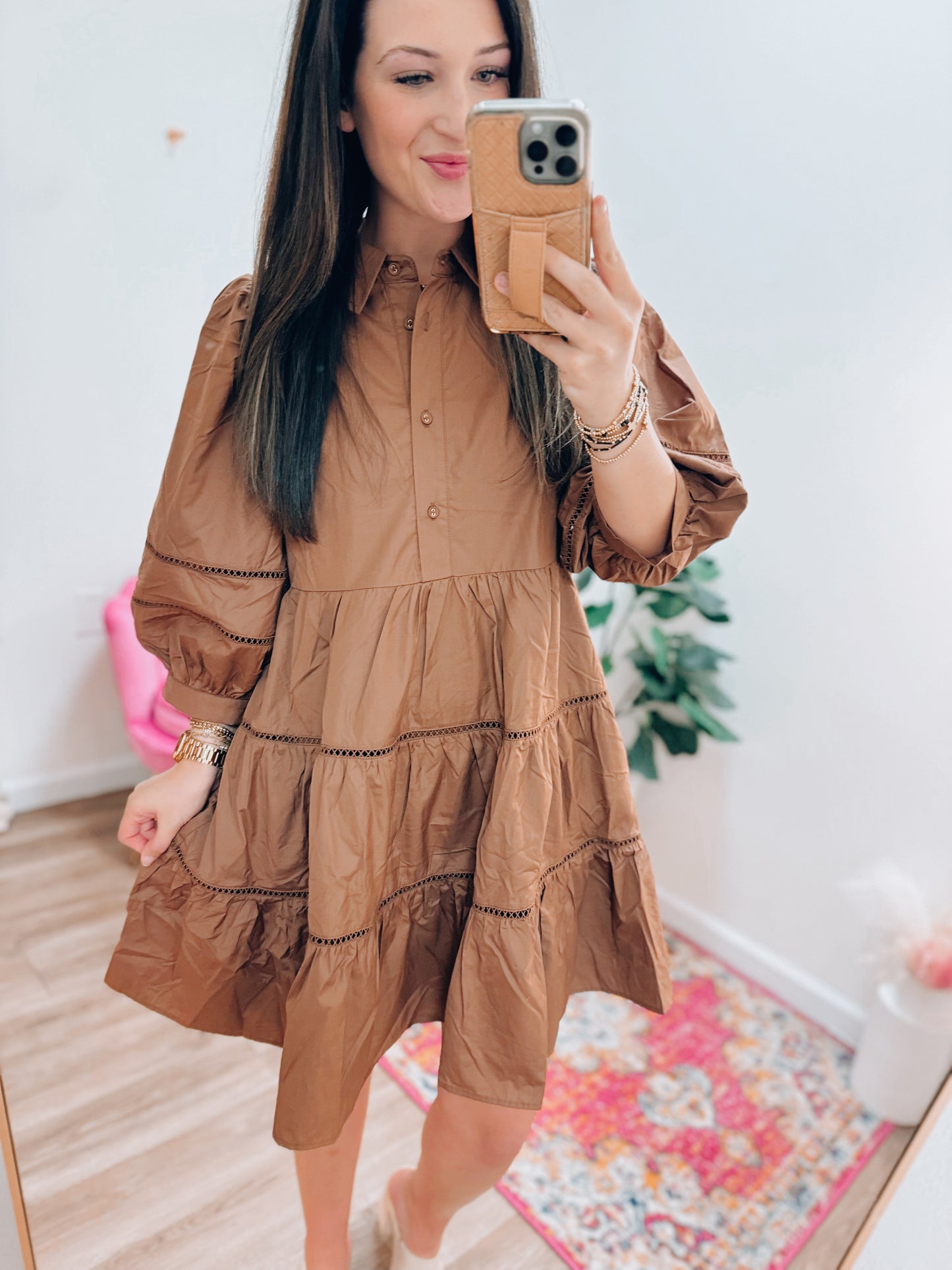 Mocha Eyelet Tiered Mini Dress