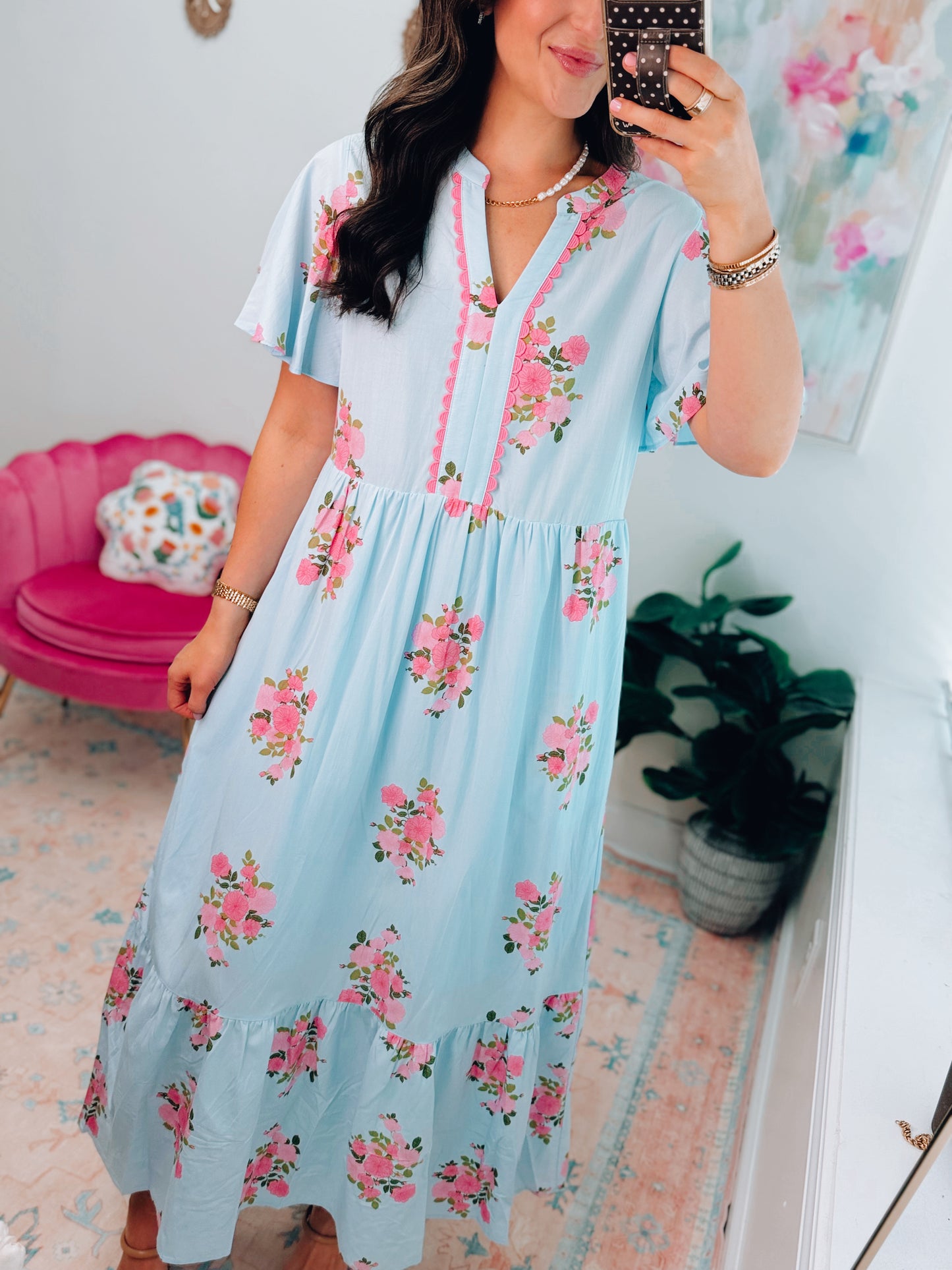 Callie Sky Blue Scallop Floral Maxi Dress