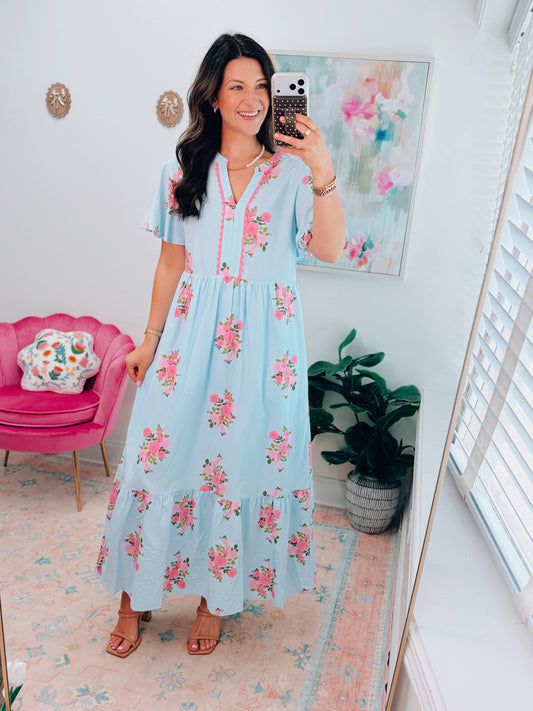Callie Sky Blue Scallop Floral Maxi Dress