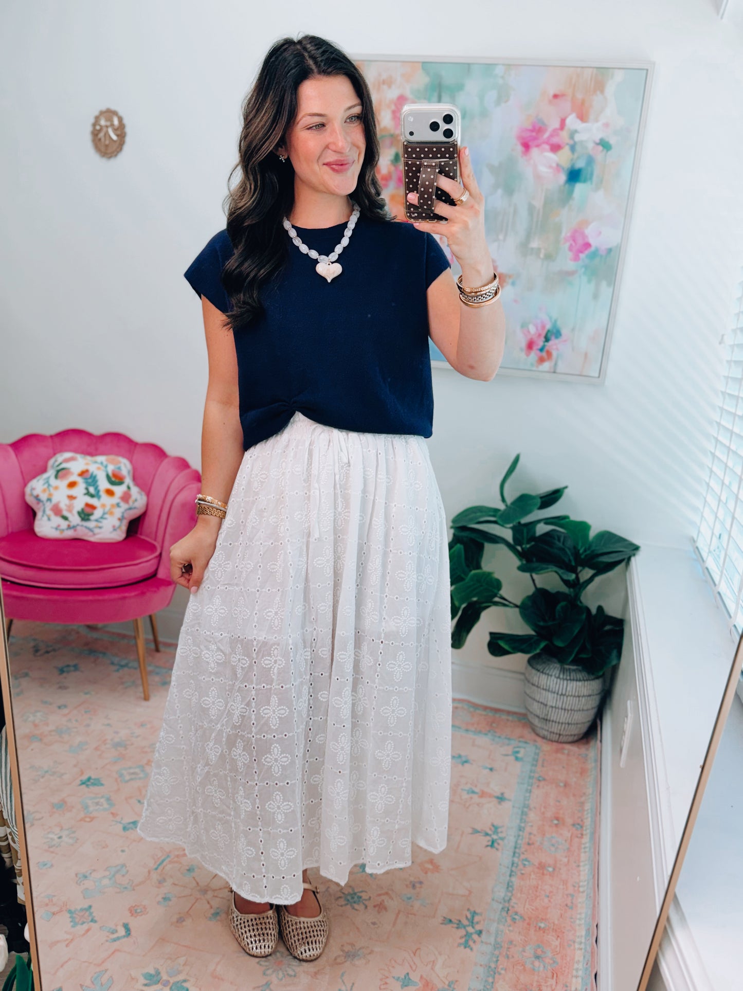 Eyelet Ruffle White Midi Skirt