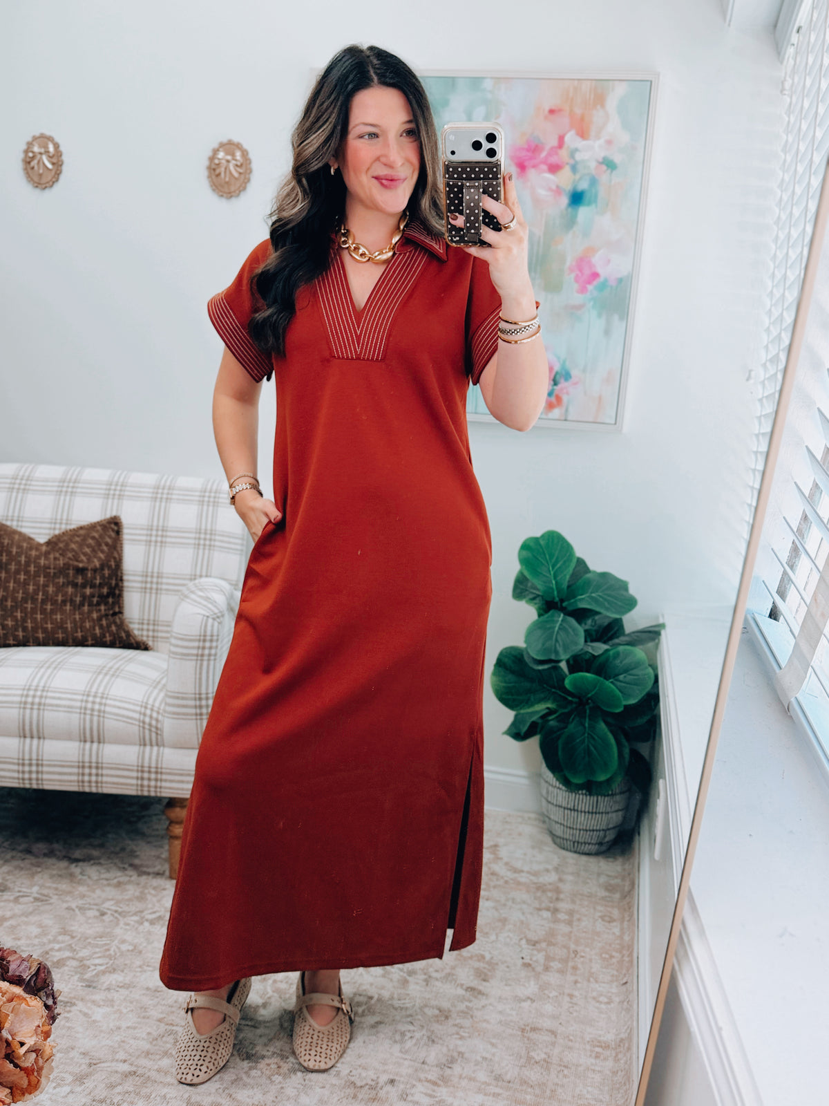 Rust Stitched Scuba Midi Dress