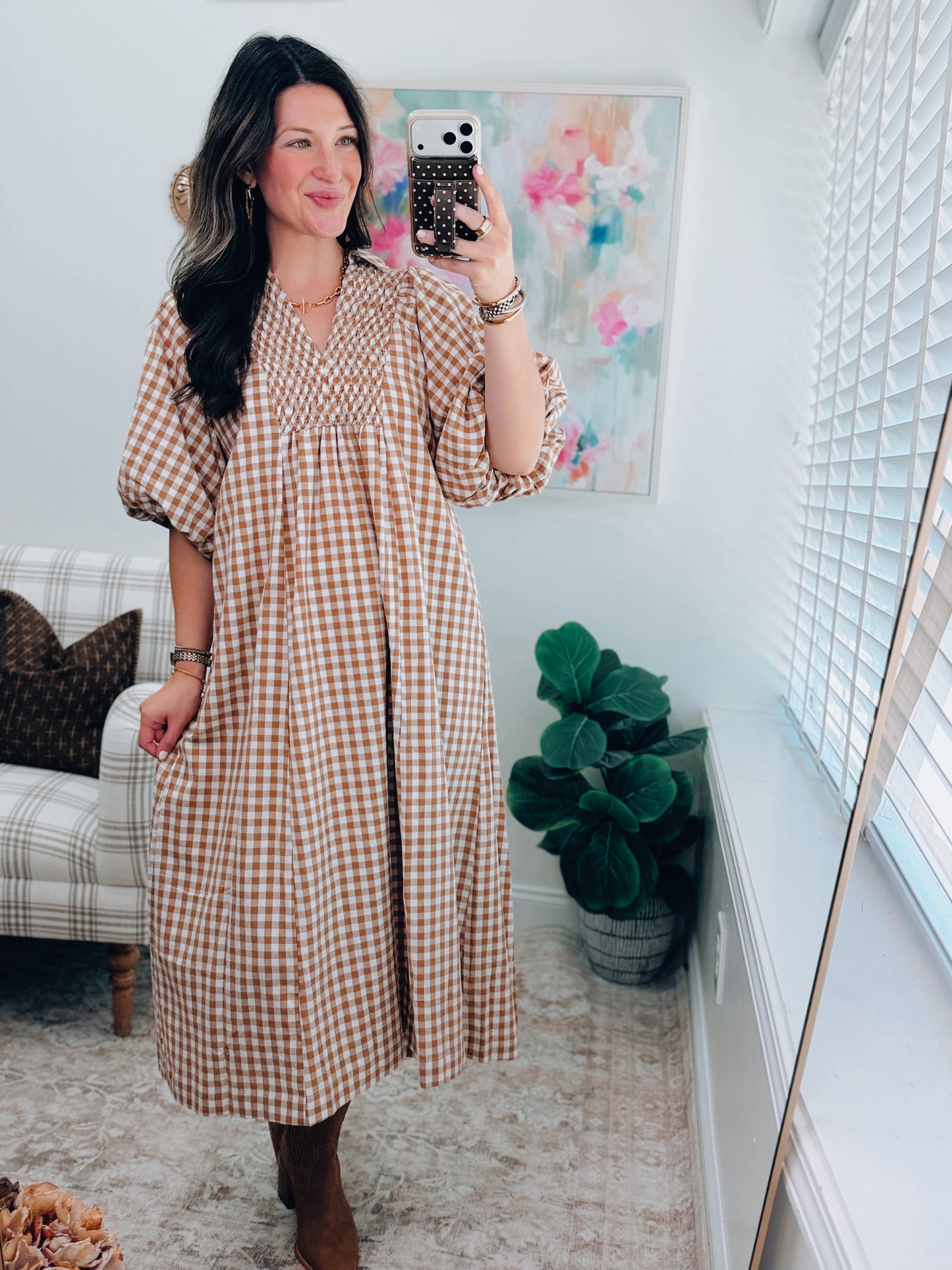 Teagan Caramel Gingham Smocked Midi Dress