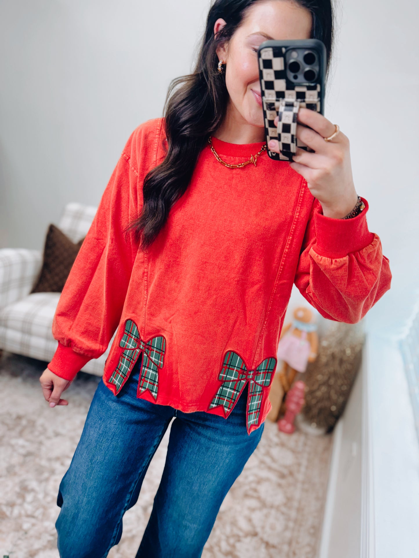 Mineral Wash Plaid Bow Top