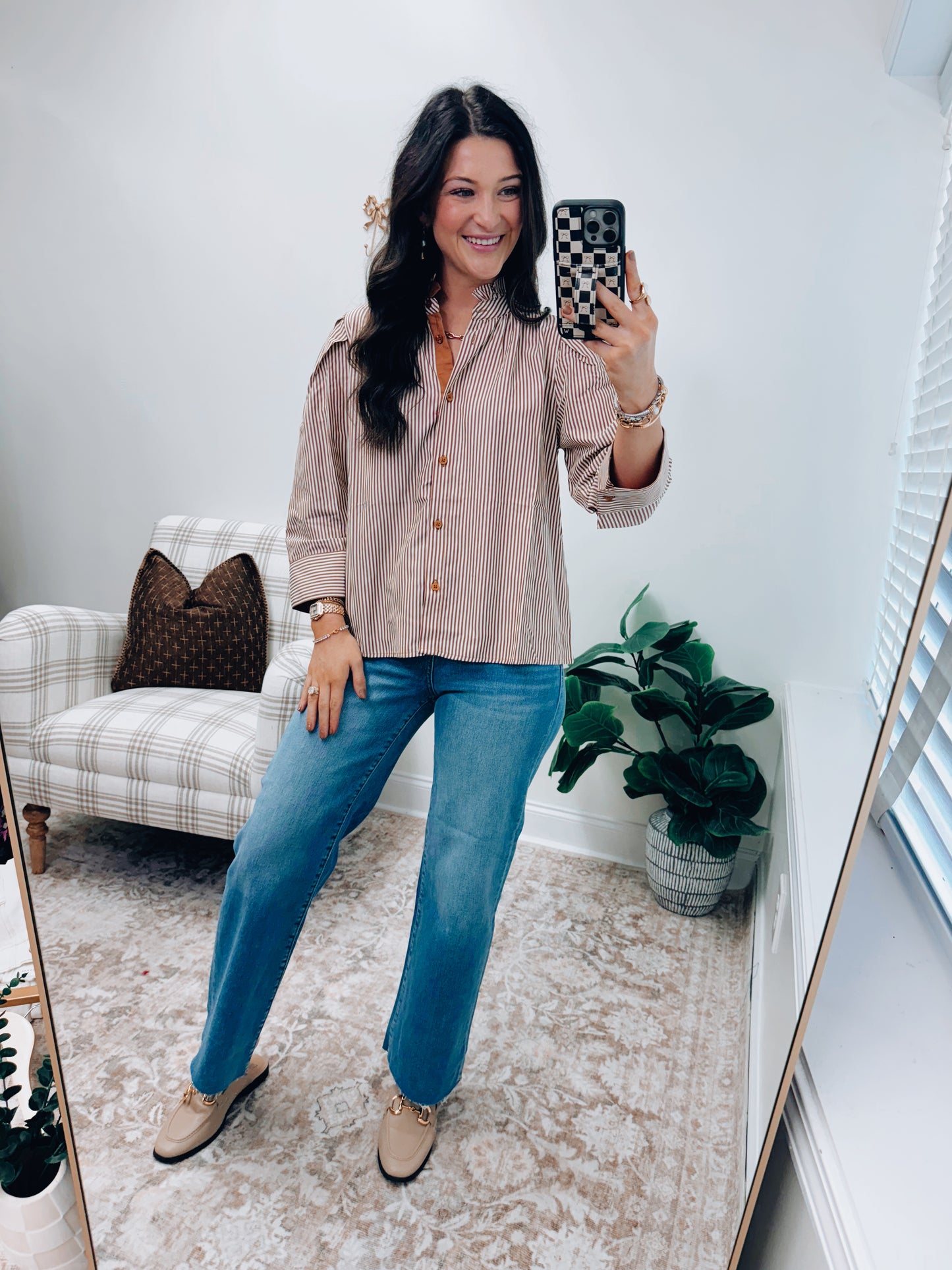 Camel Stripe Cuff Blouse