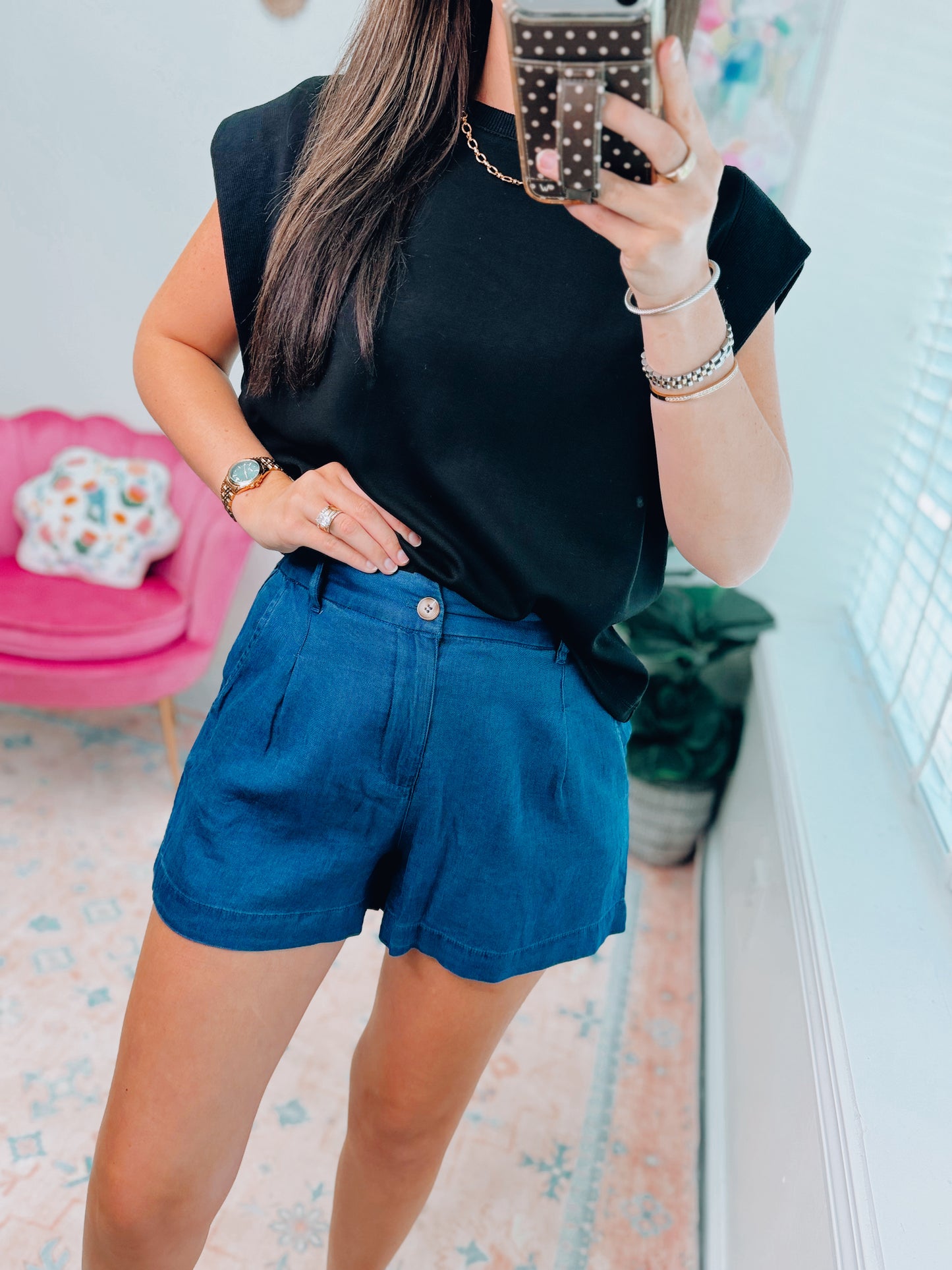 Dark Chambray Pintuck Shorts