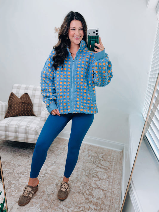 Blue Oversized Checker Fleece Jacket